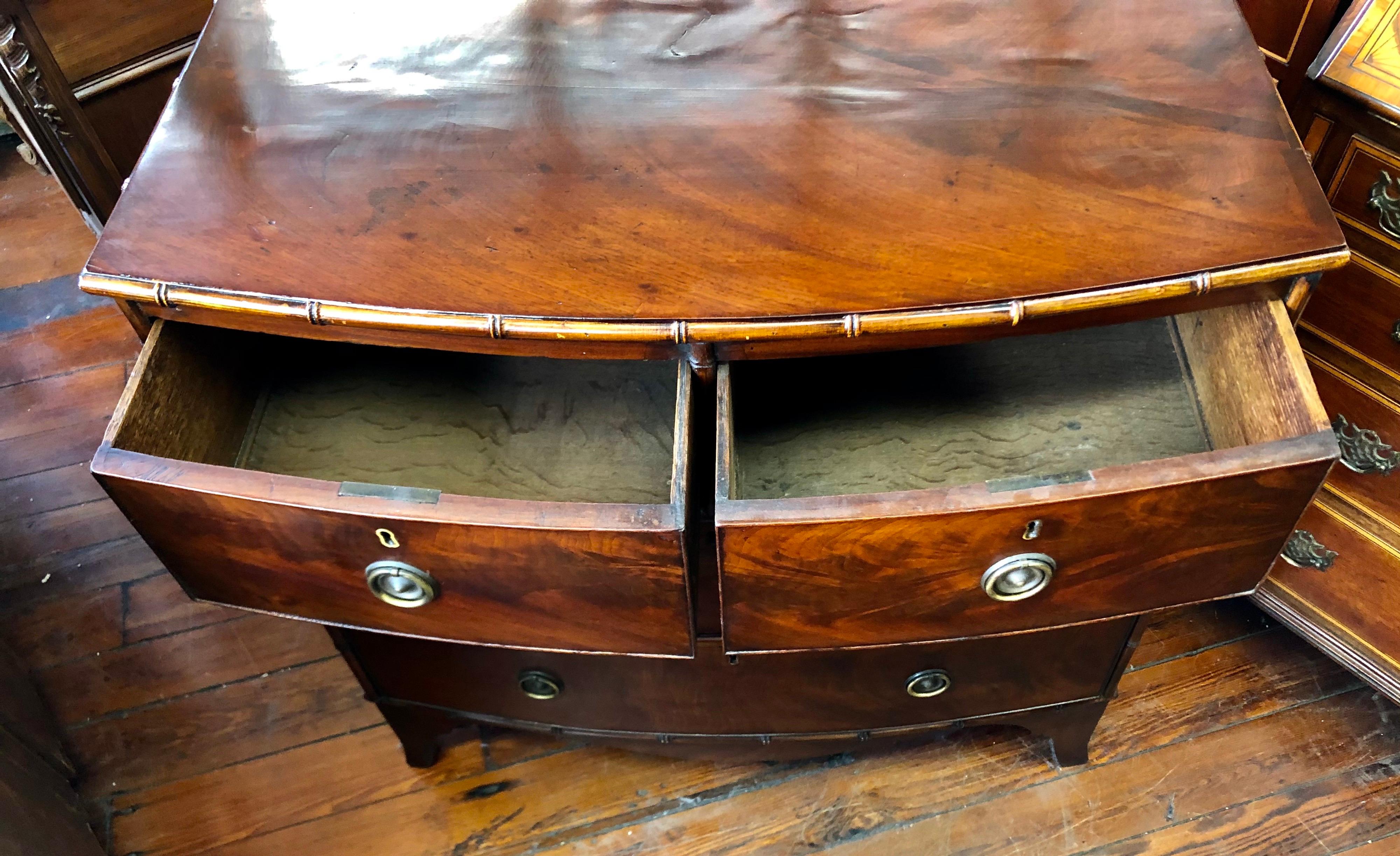 Early 19th Century English Flame Mahogany Faux Bamboo Regency Bowfront Chest 2