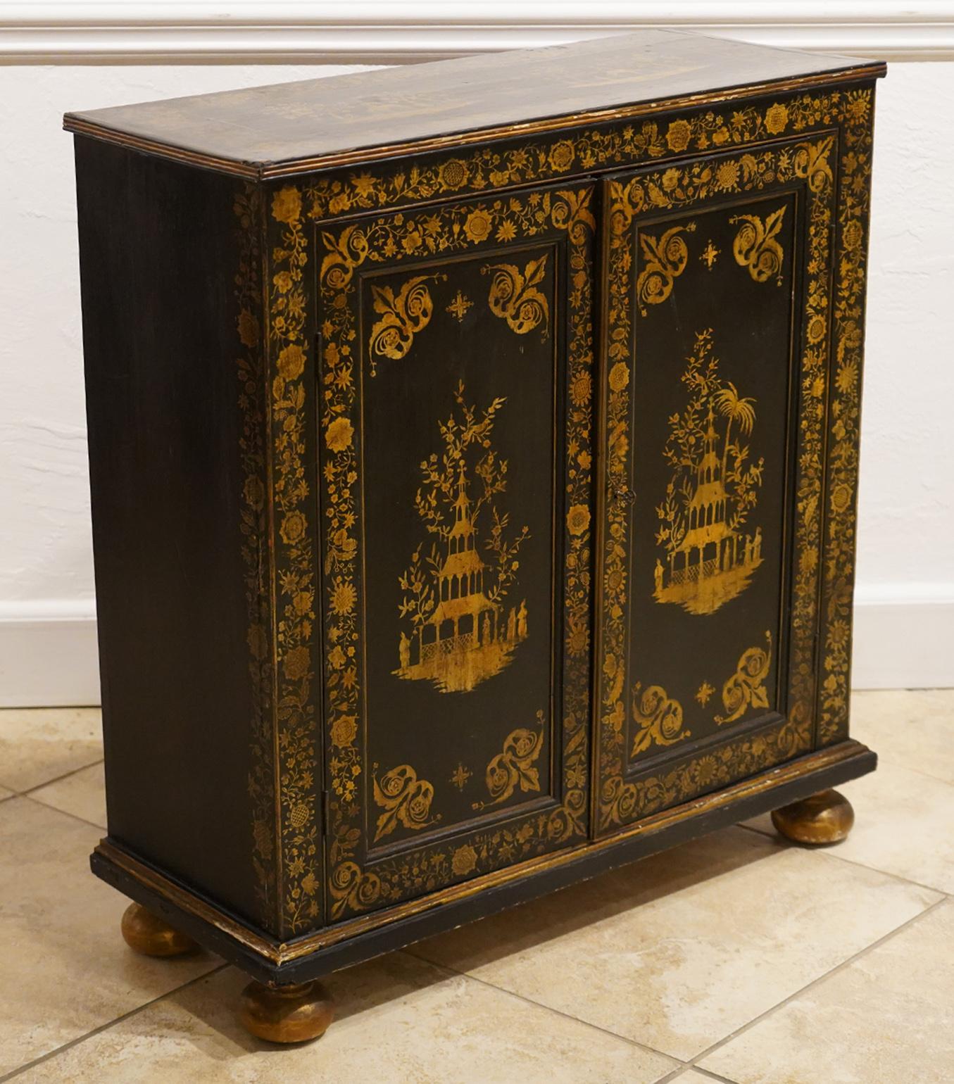 Brass Early 19th Century English George III Chinoiserie Penwork Two-Door Side Cabinet