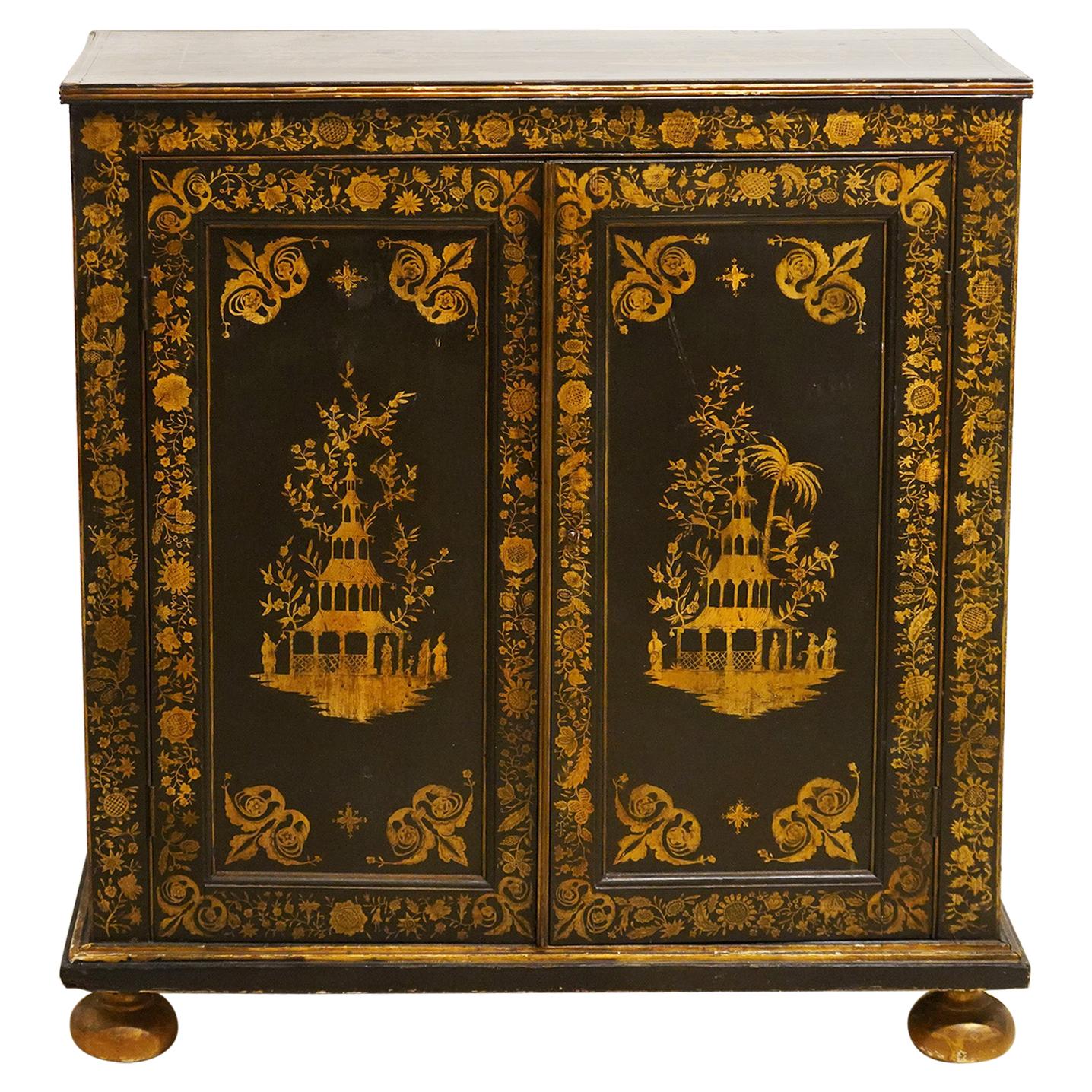 Early 19th Century English George III Chinoiserie Penwork Two-Door Side Cabinet