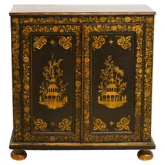 Early 19th Century English George III Chinoiserie Penwork Two-Door Side Cabinet