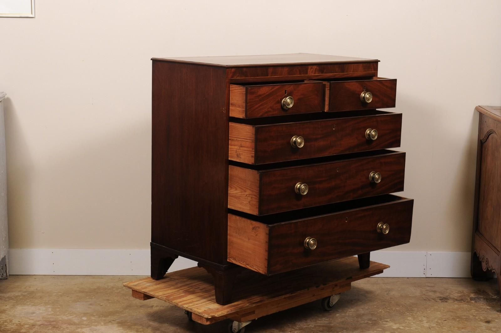 Early 19th Century English Georgian Chest of Drawers in Flame Mahogany and Satinwood Stringing