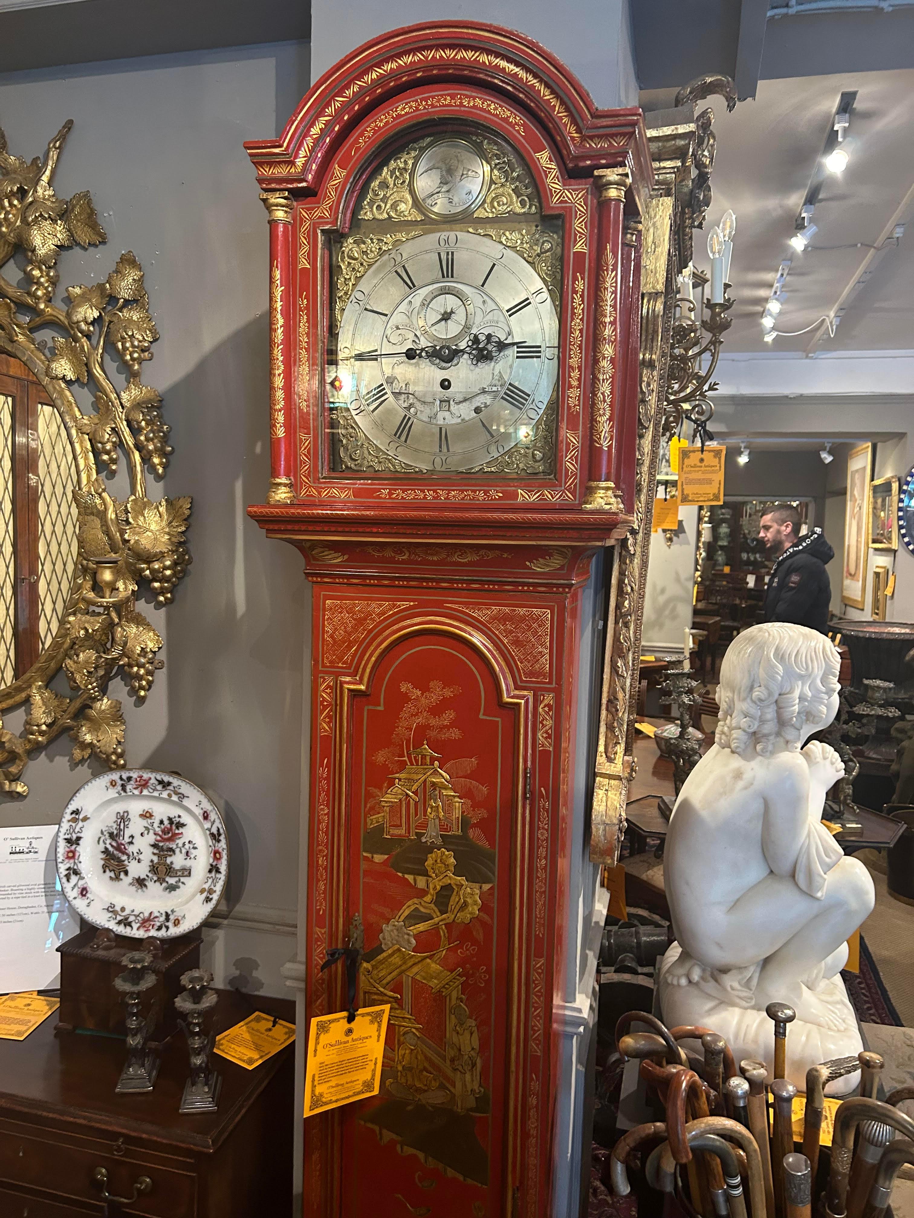Silver Early 19th Century English Japanned Grandfather Clock For Sale