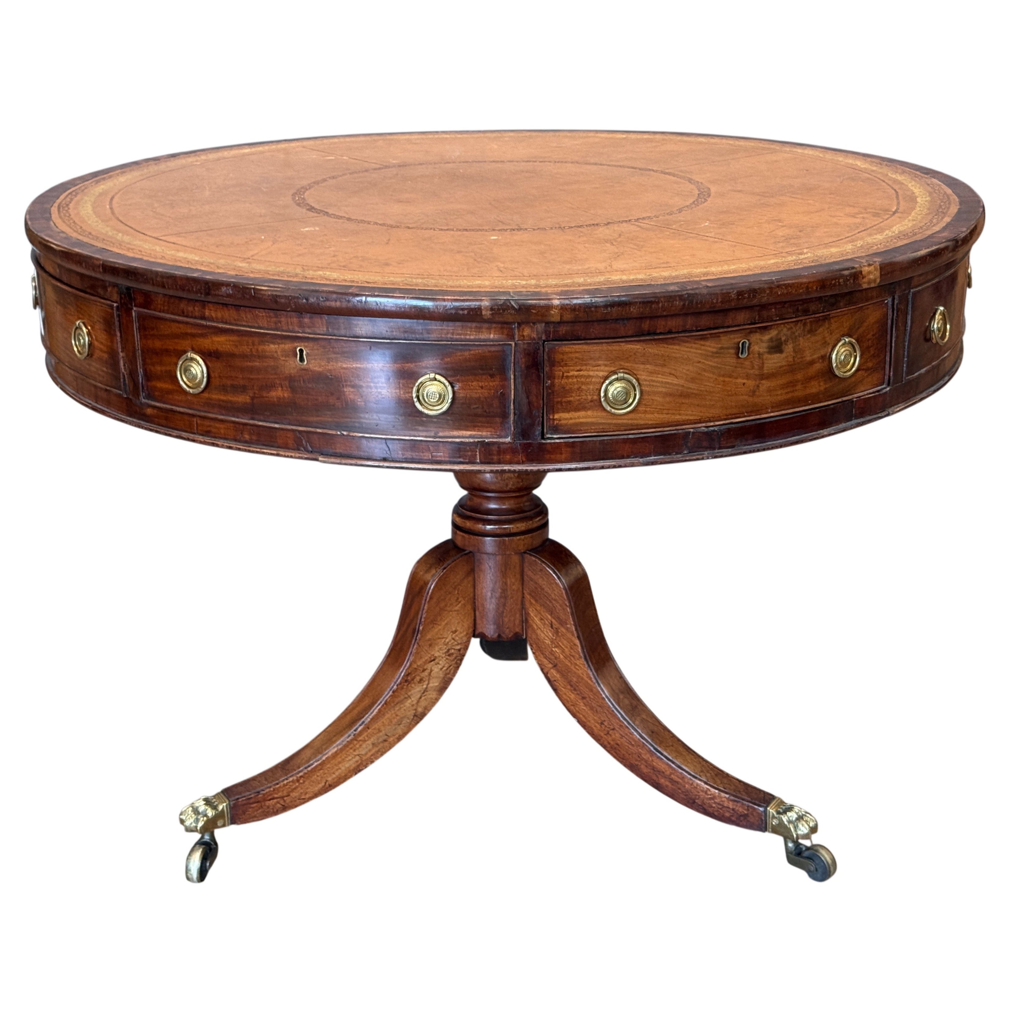 Early 19th Century English Mahogany Drum Table with Tooled Leather Top For Sale