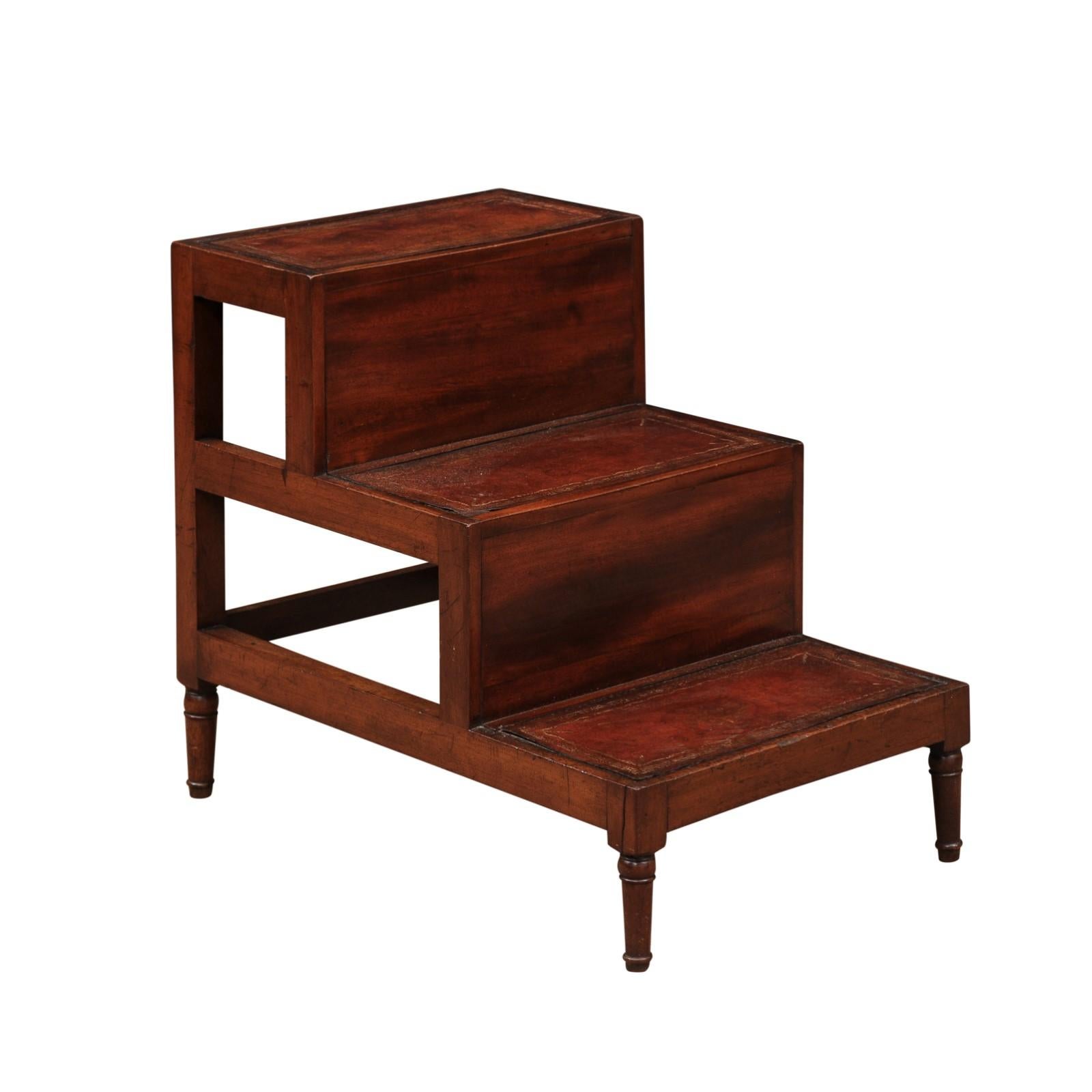 Early 19th Century English Mahogany Library Steps with Embossed Brown Leather an 6