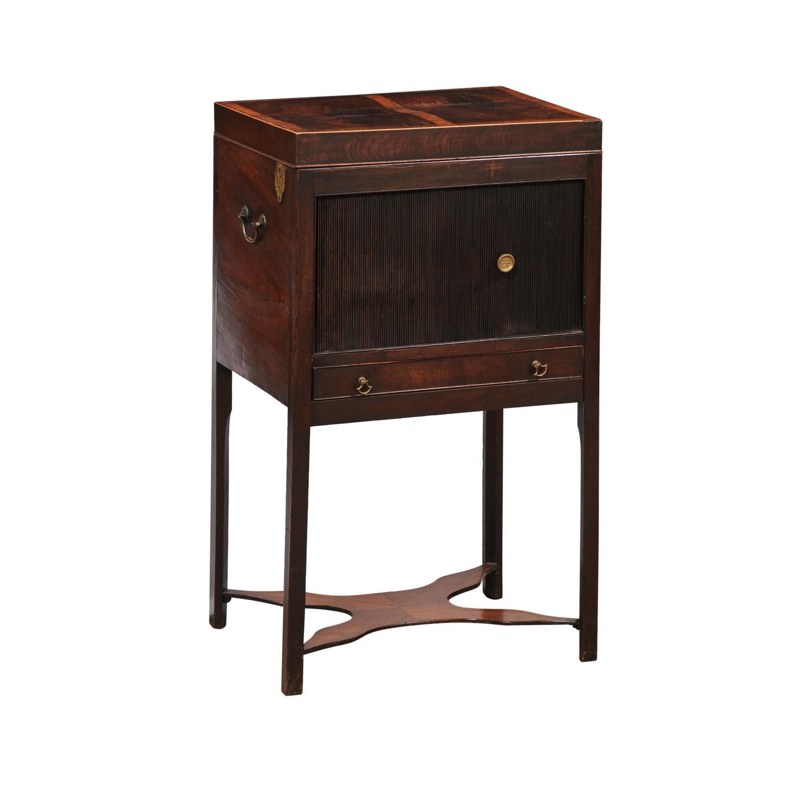 Early 19th Century English Mahogany Side Cabinet with Tamboor Door, Lift Top & Inlay
