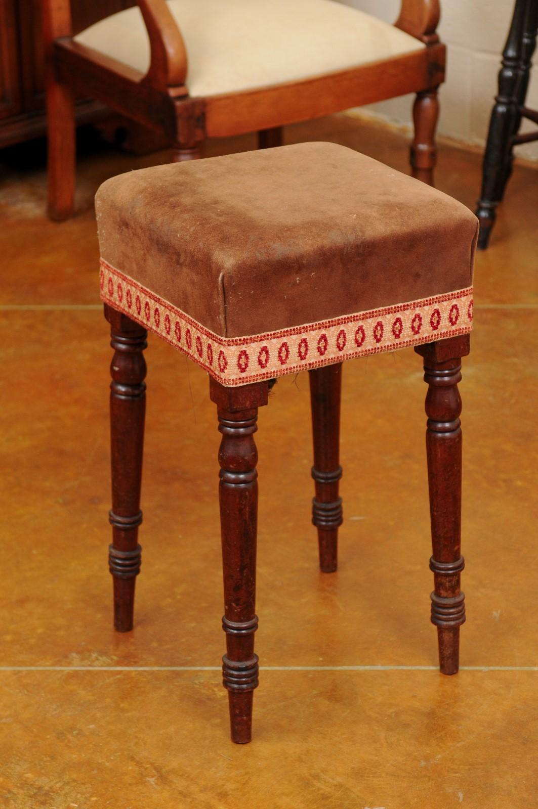 Early 19th Century English Mahogany Stool with Turned Legs & Suede Upholstery For Sale 8