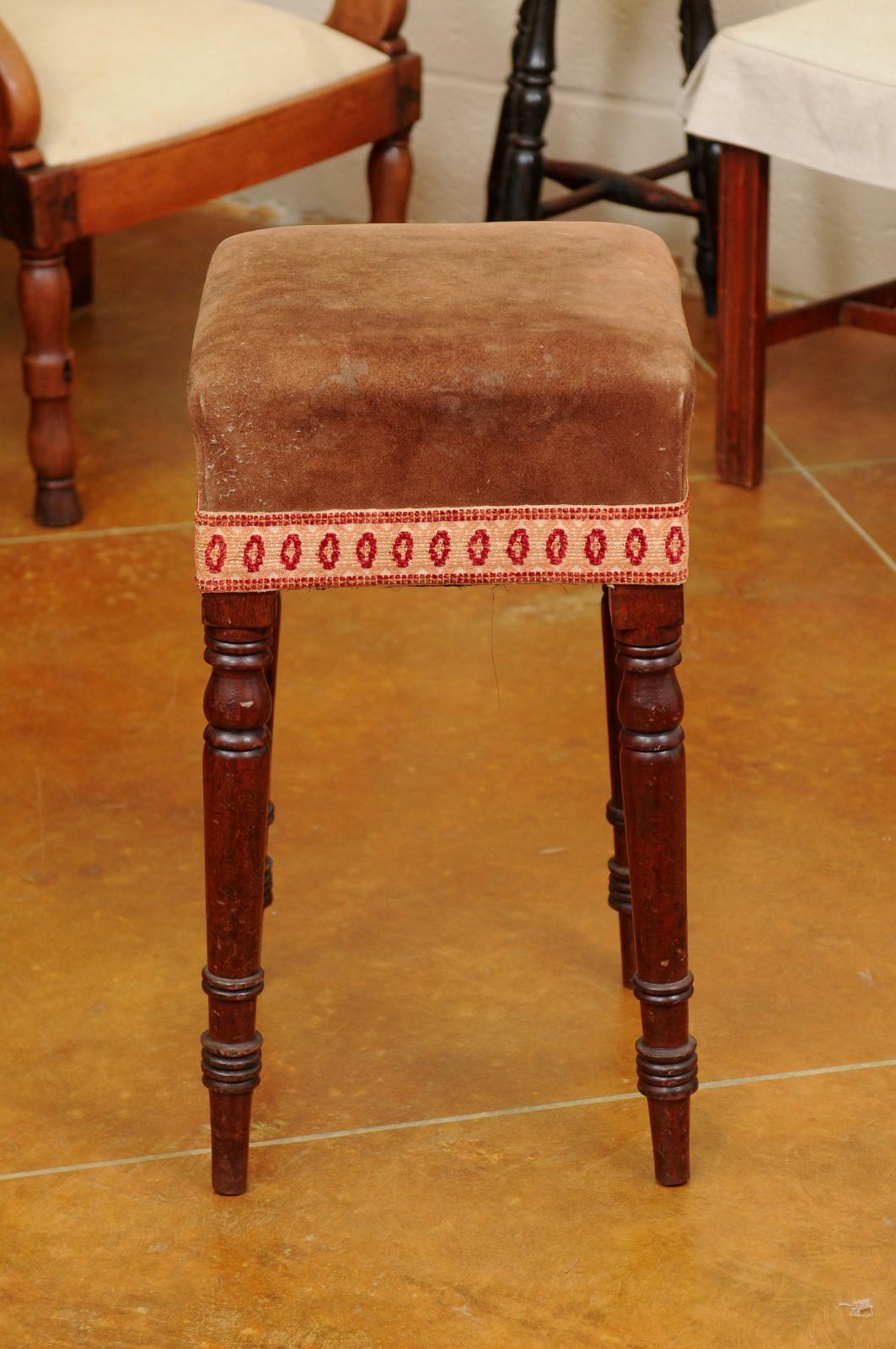 Early 19th Century English Mahogany Stool with Turned Legs & Suede Upholstery For Sale 9