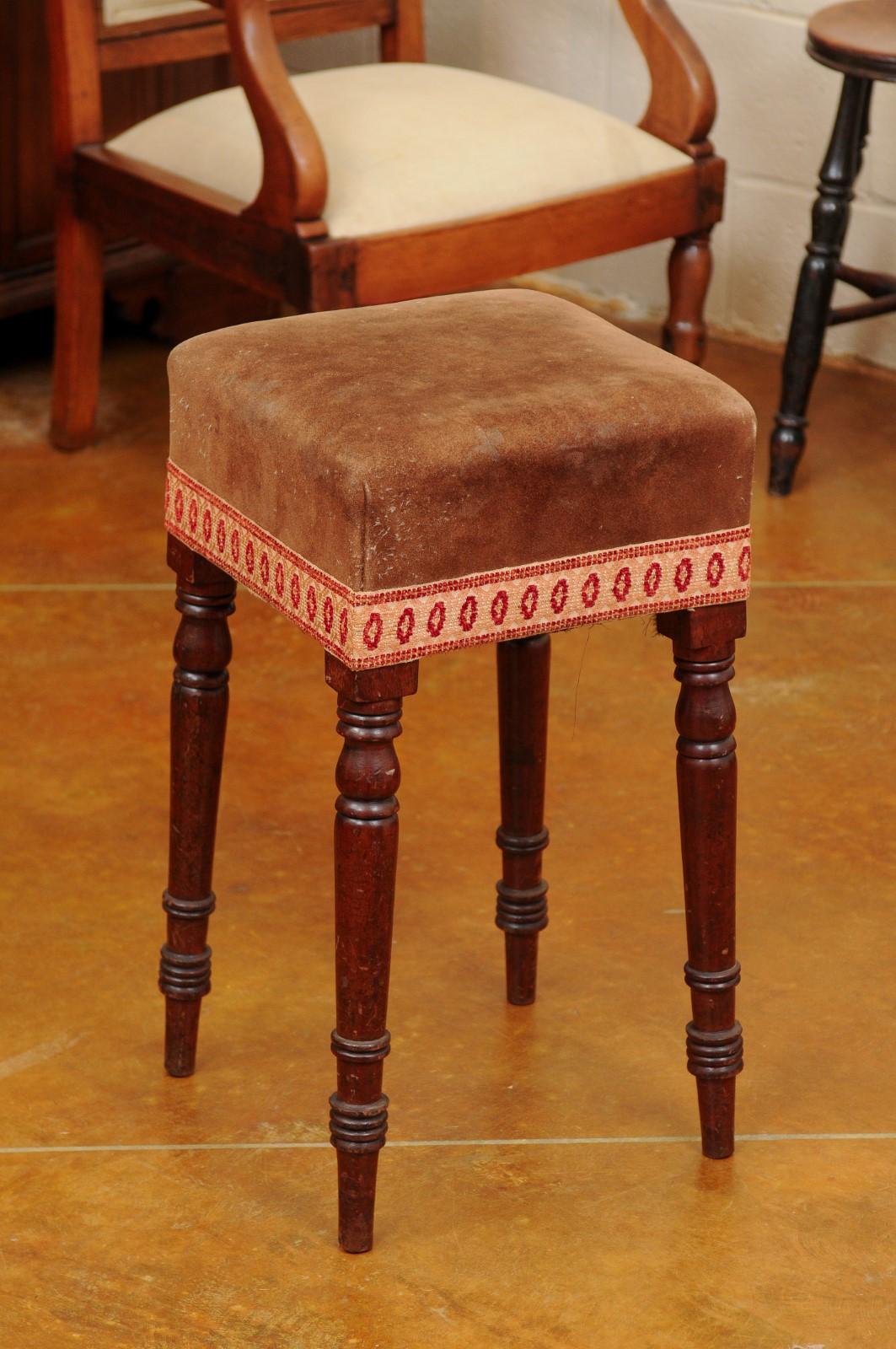 Early 19th Century English Mahogany Stool with Turned Legs & Suede Upholstery For Sale 10