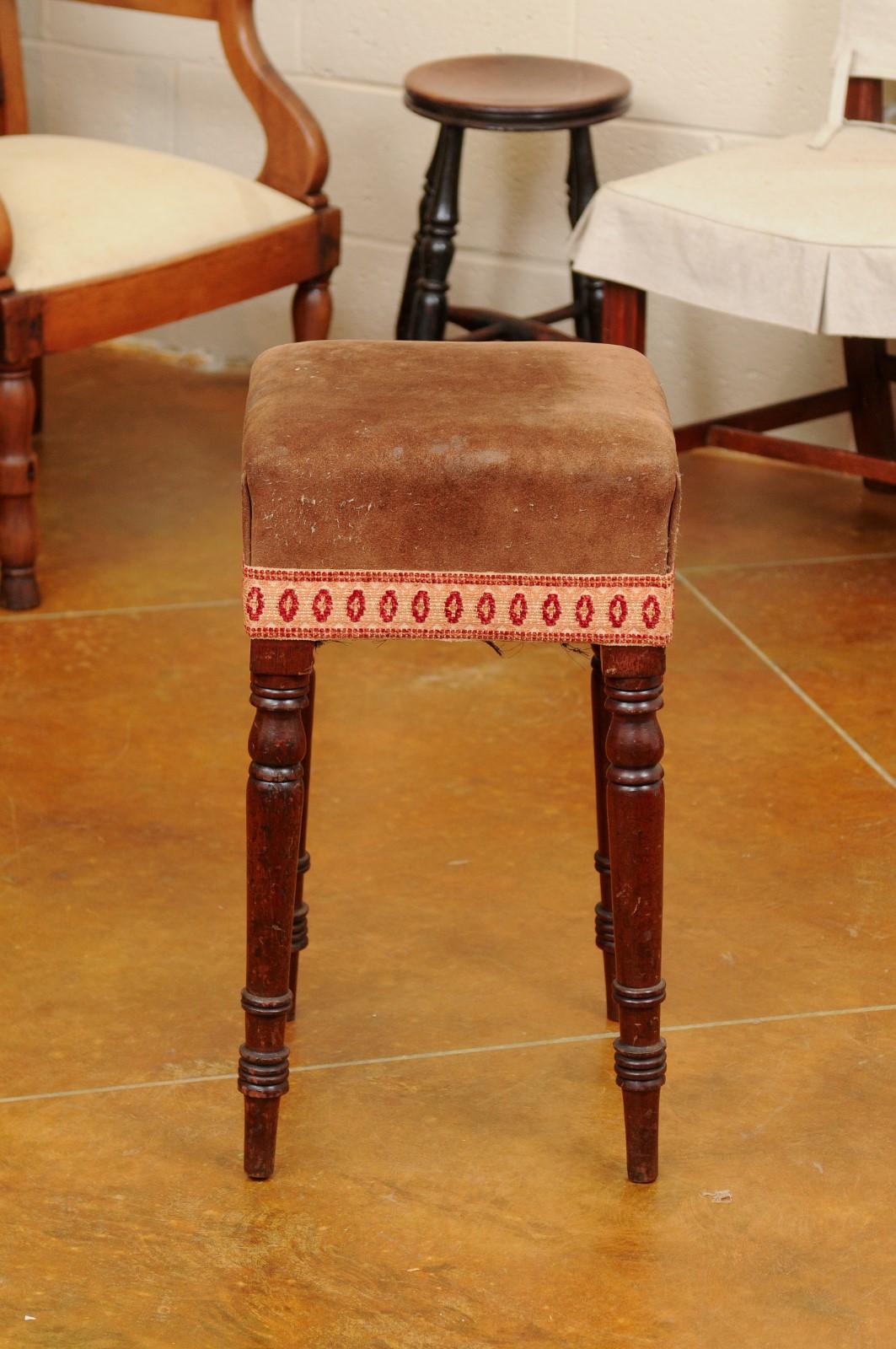 Early 19th Century English Mahogany Stool with Turned Legs & Suede Upholstery For Sale 12