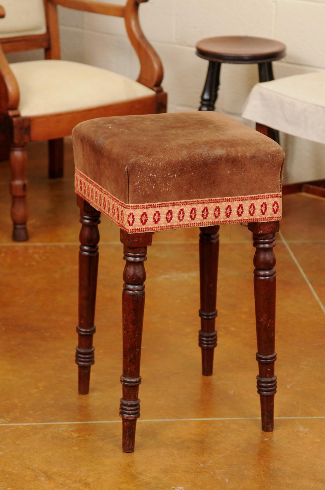 Early 19th Century English Mahogany Stool with Turned Legs & Suede Upholstery In Good Condition For Sale In Atlanta, GA