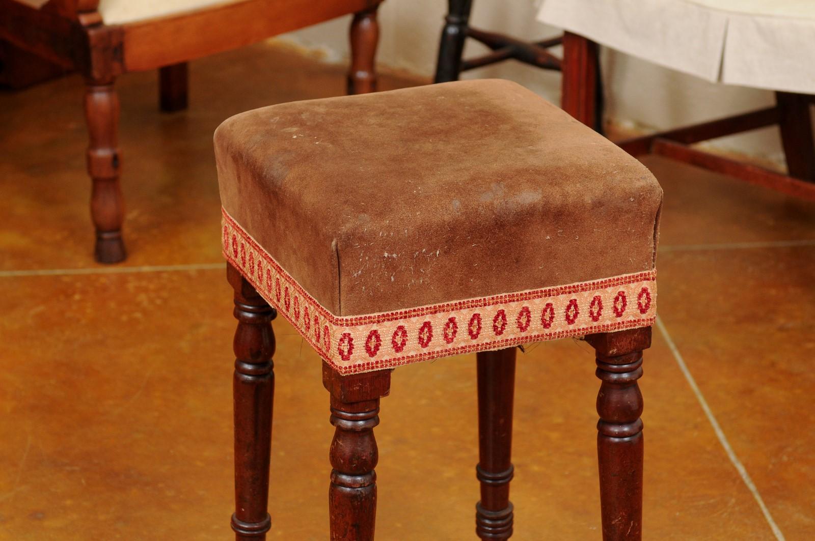 Early 19th Century English Mahogany Stool with Turned Legs & Suede Upholstery For Sale 2