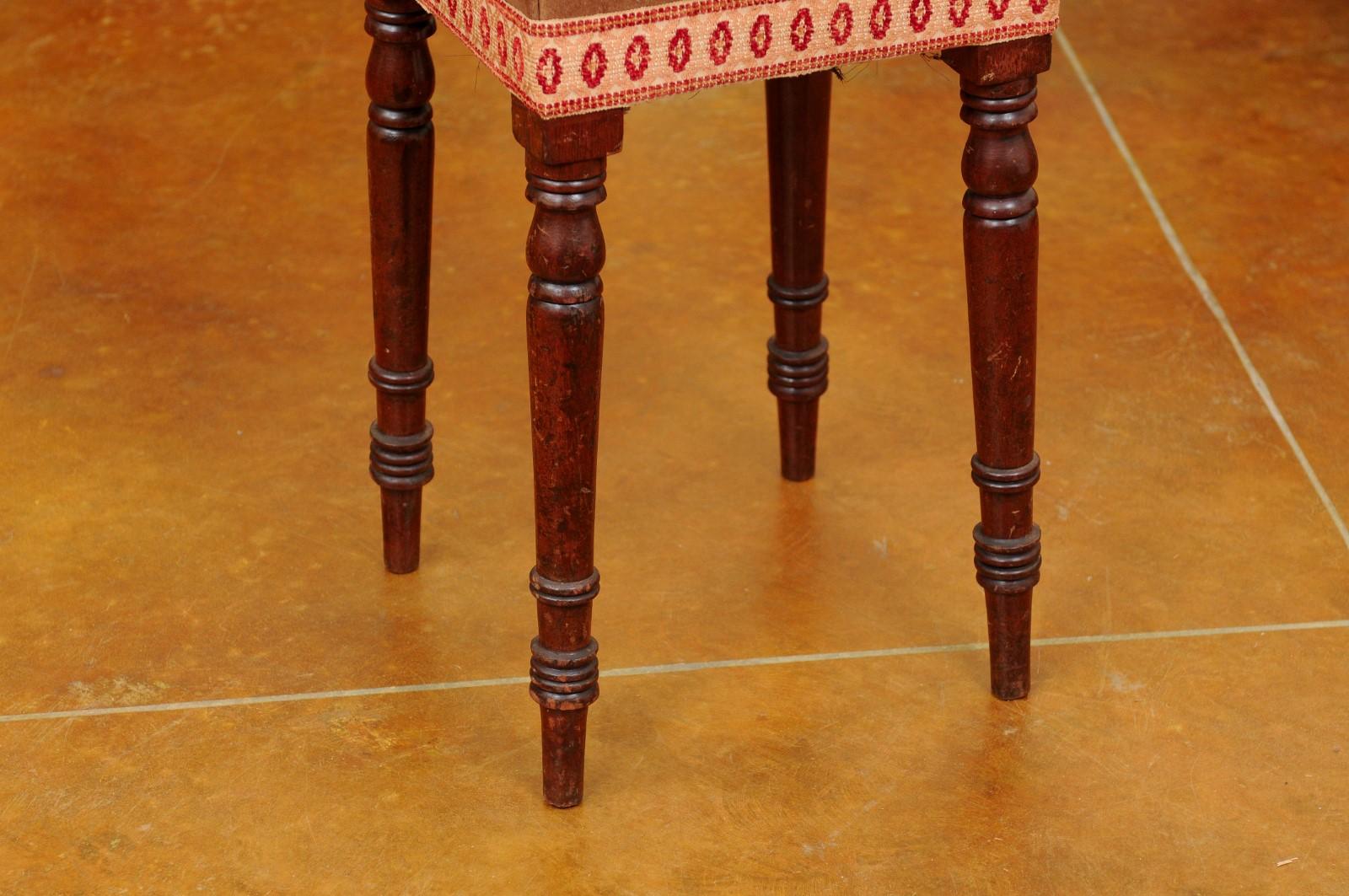 Early 19th Century English Mahogany Stool with Turned Legs & Suede Upholstery For Sale 3