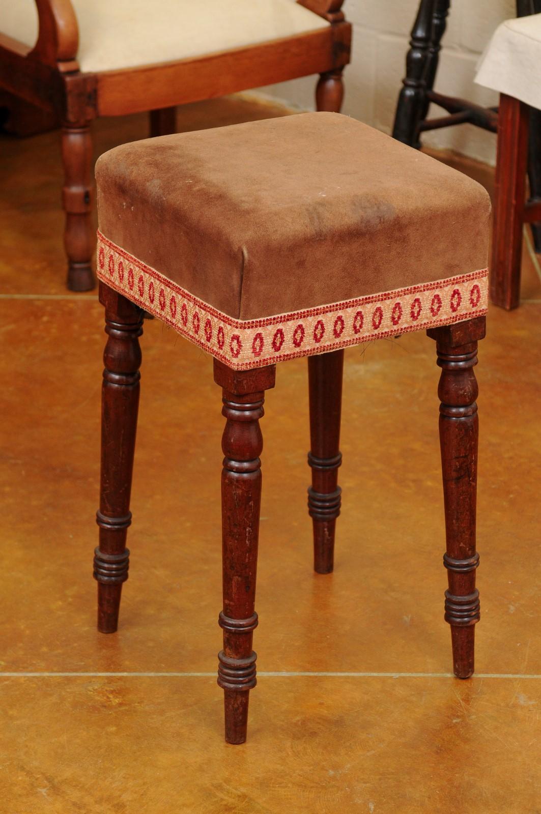 Early 19th Century English Mahogany Stool with Turned Legs & Suede Upholstery For Sale 6