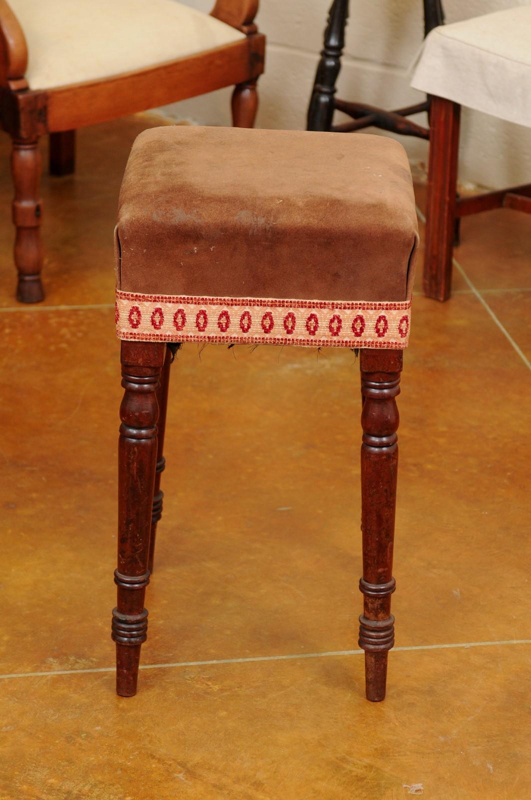 Early 19th Century English Mahogany Stool with Turned Legs & Suede Upholstery For Sale 7