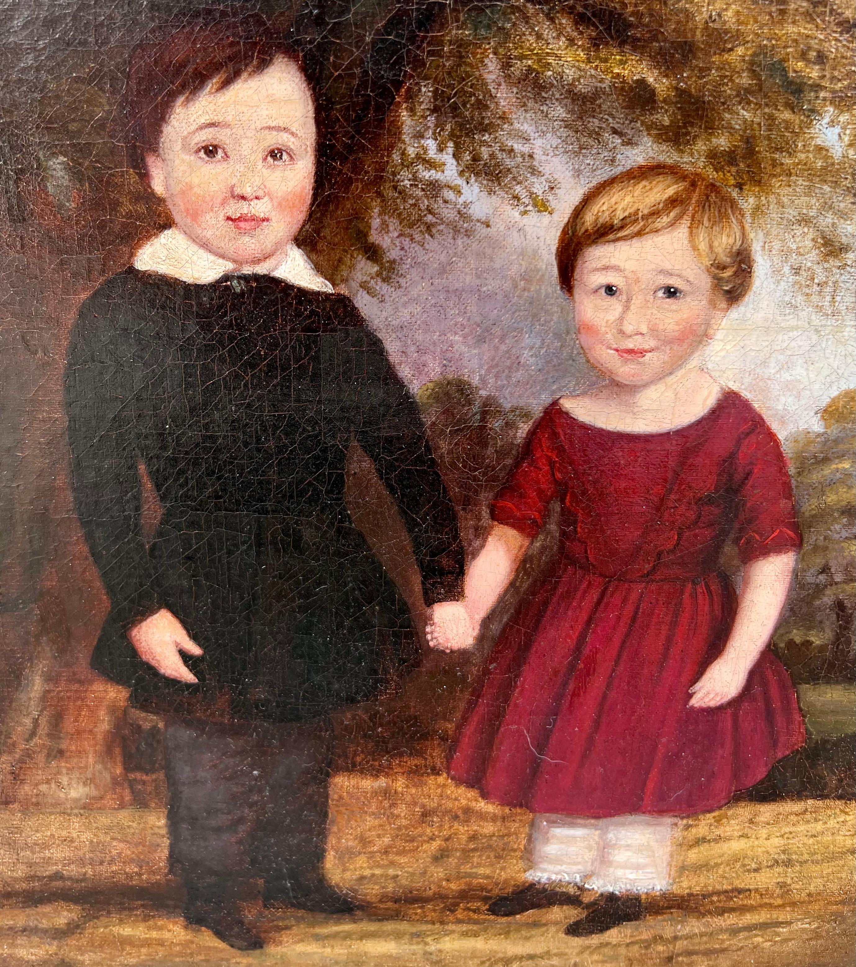 Folk Art Early 19th Century English Naive School Painting of Children