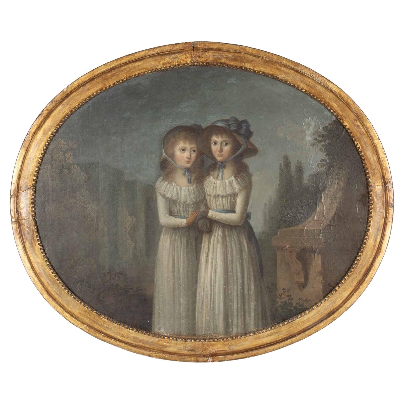 Frühe 19. Jahrhundert Englisch Öl auf Leinwand Gemälde von Regency Twin Sisters