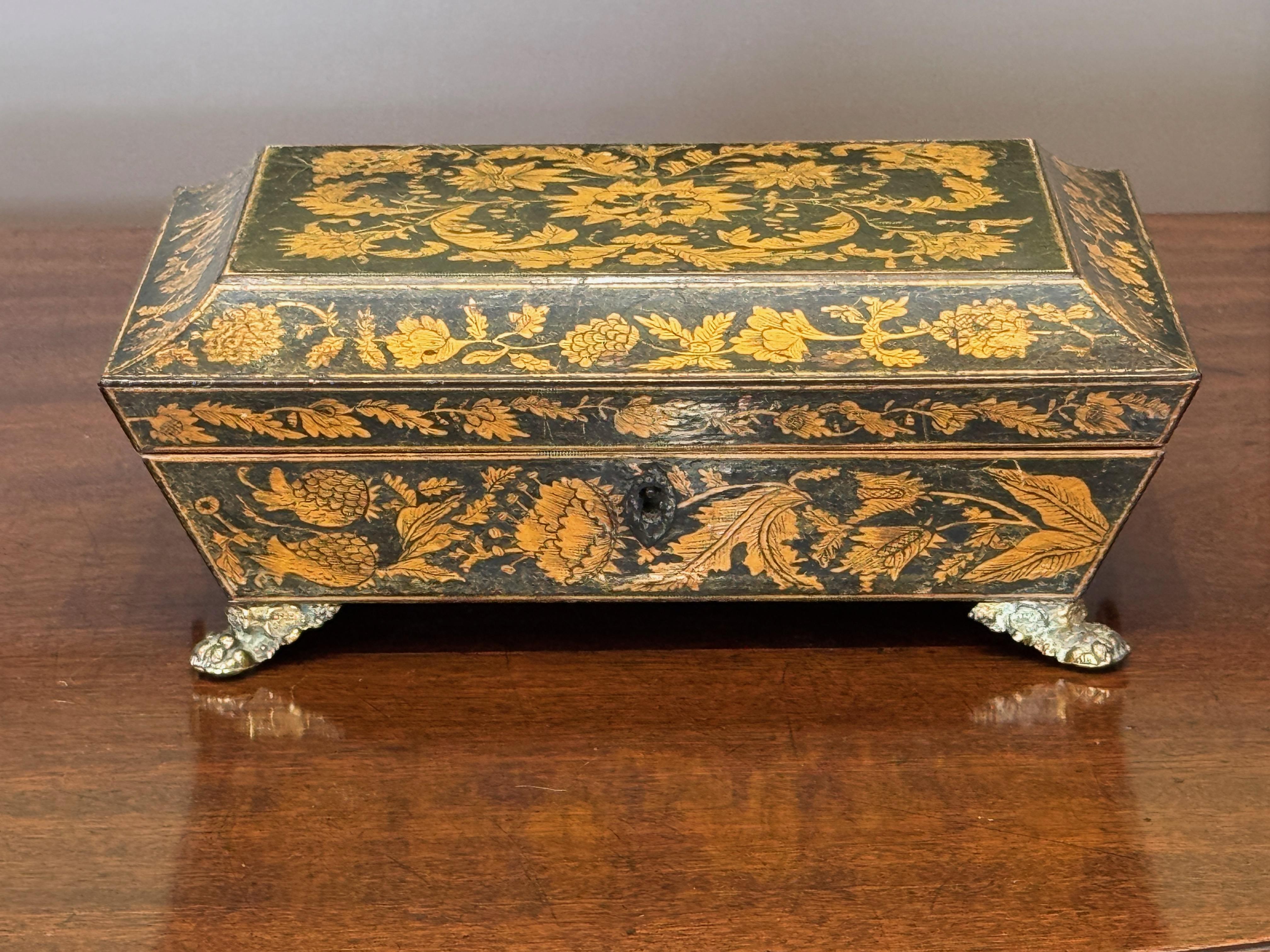British Early 19th Century English Penwork Box on Paw Feet For Sale