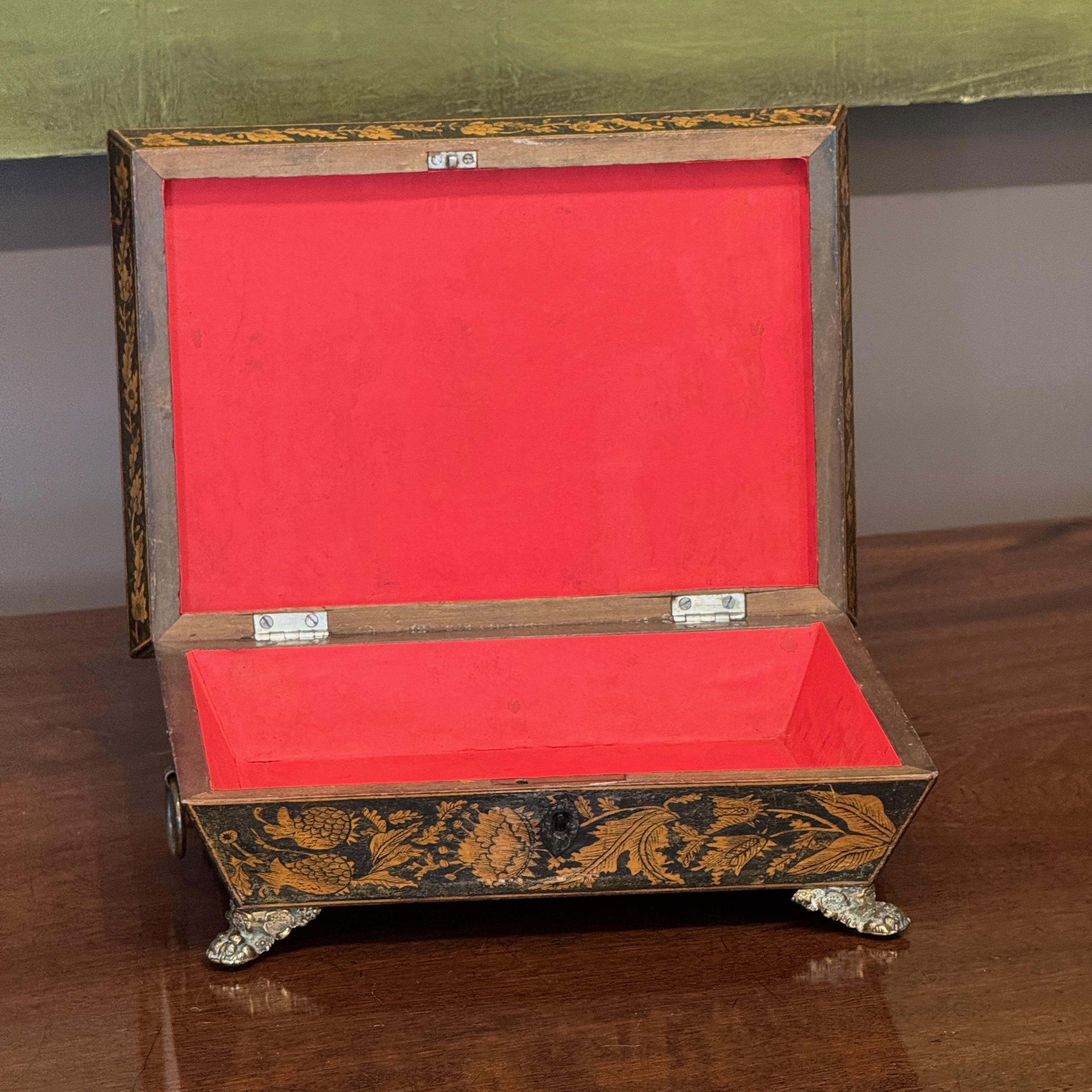 Brass Early 19th Century English Penwork Box on Paw Feet For Sale