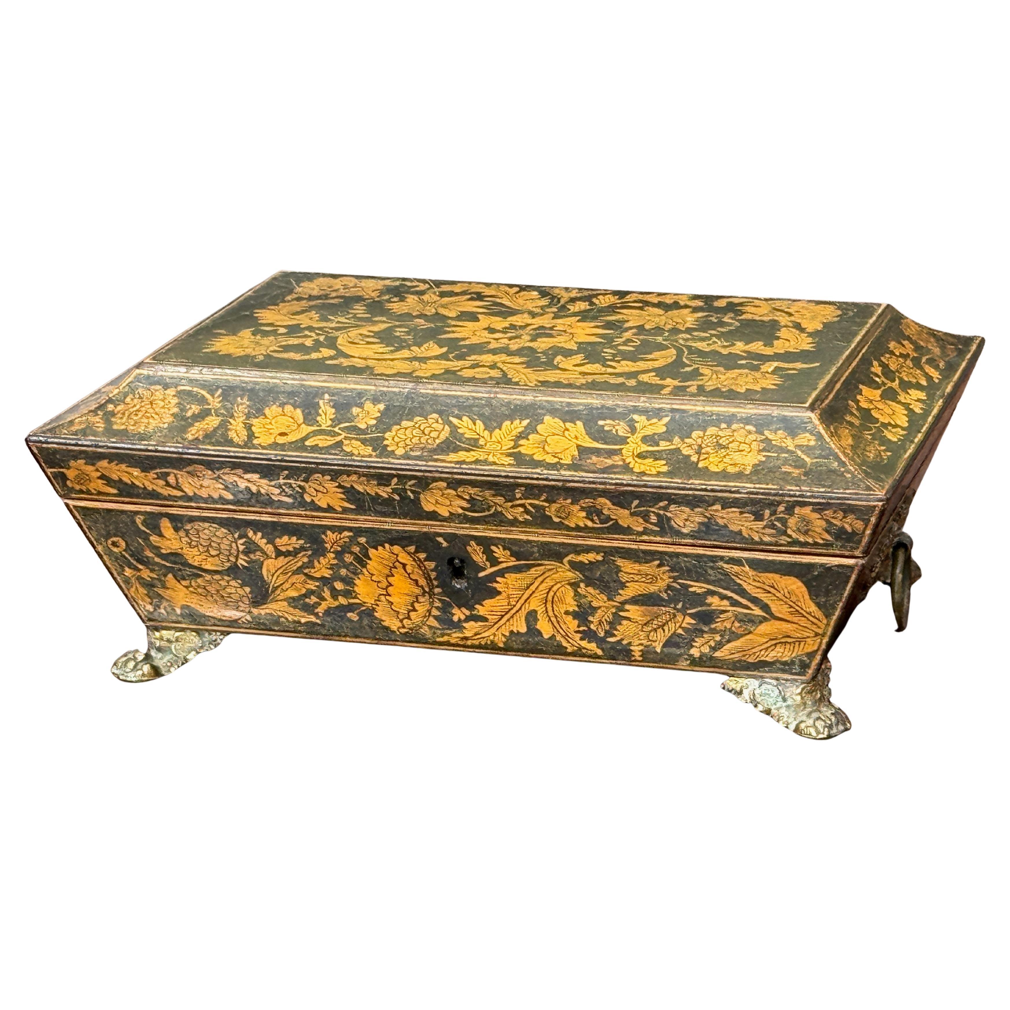 Early 19th Century English Penwork Box on Paw Feet For Sale