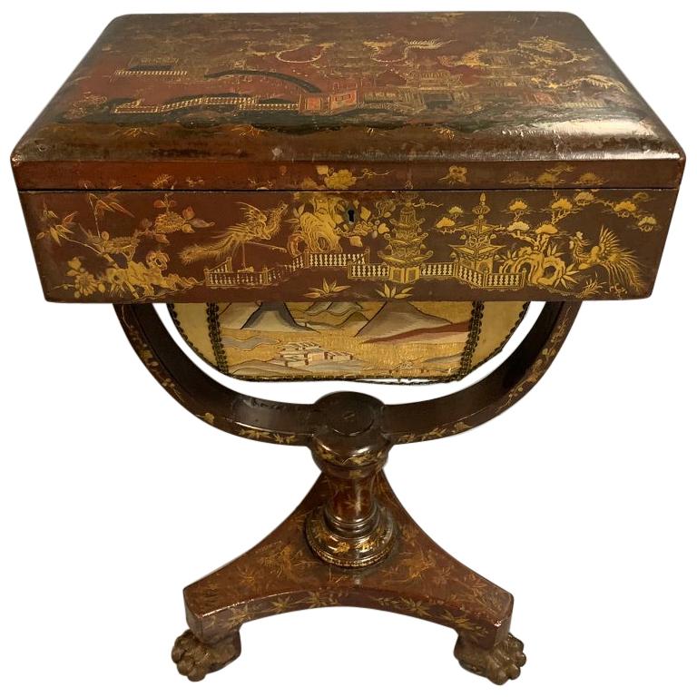 Early 19th Century English Regency Chinoiserie Work Table with Original Silk
