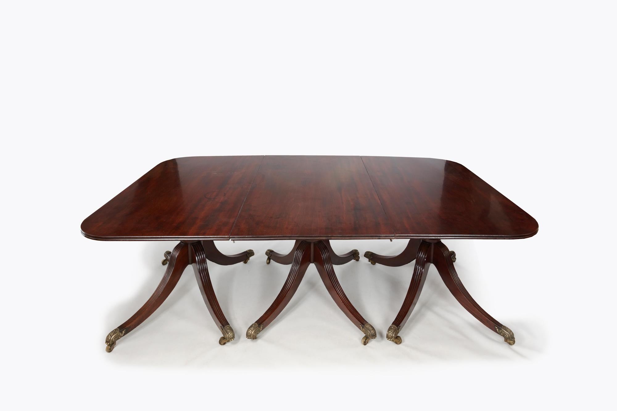 Early 19th Century English Regency dining table, of a rich and lovely grained mahogany, has a reeded edge and two center leaves, and is supported by three turned pedestal bases, each with four reeded and splayed legs, with brass caps and casters.