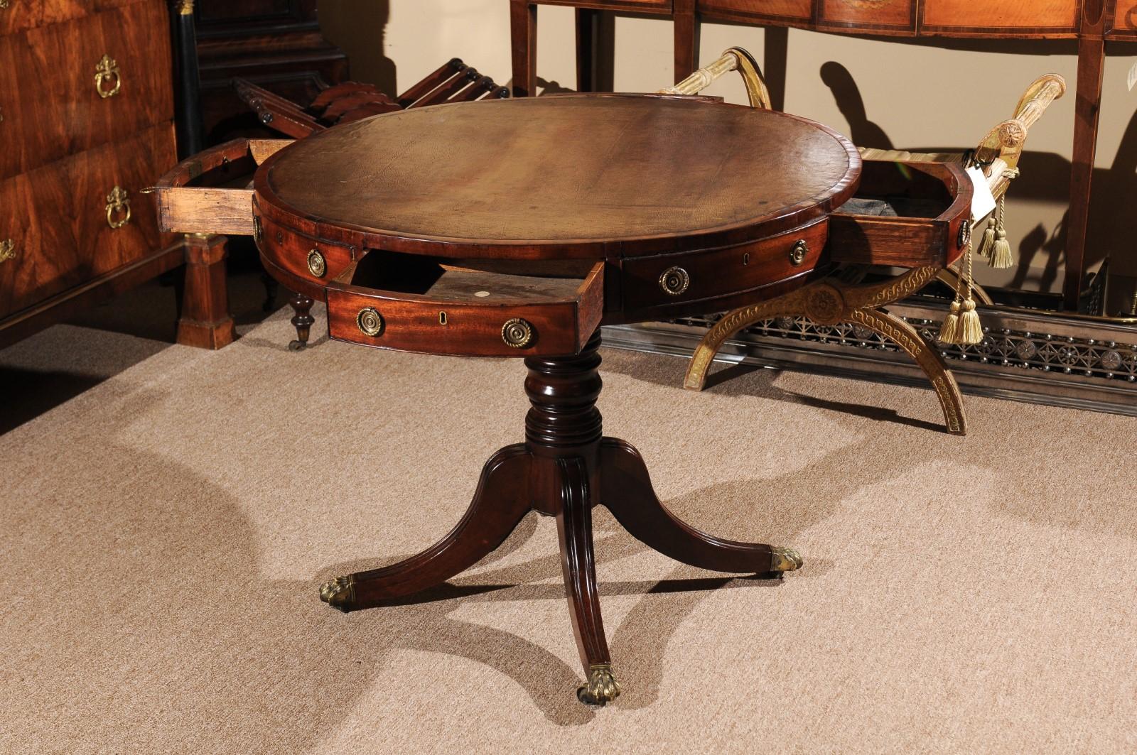 Turned Early 19th Century English Regency Mahogany Drum Table