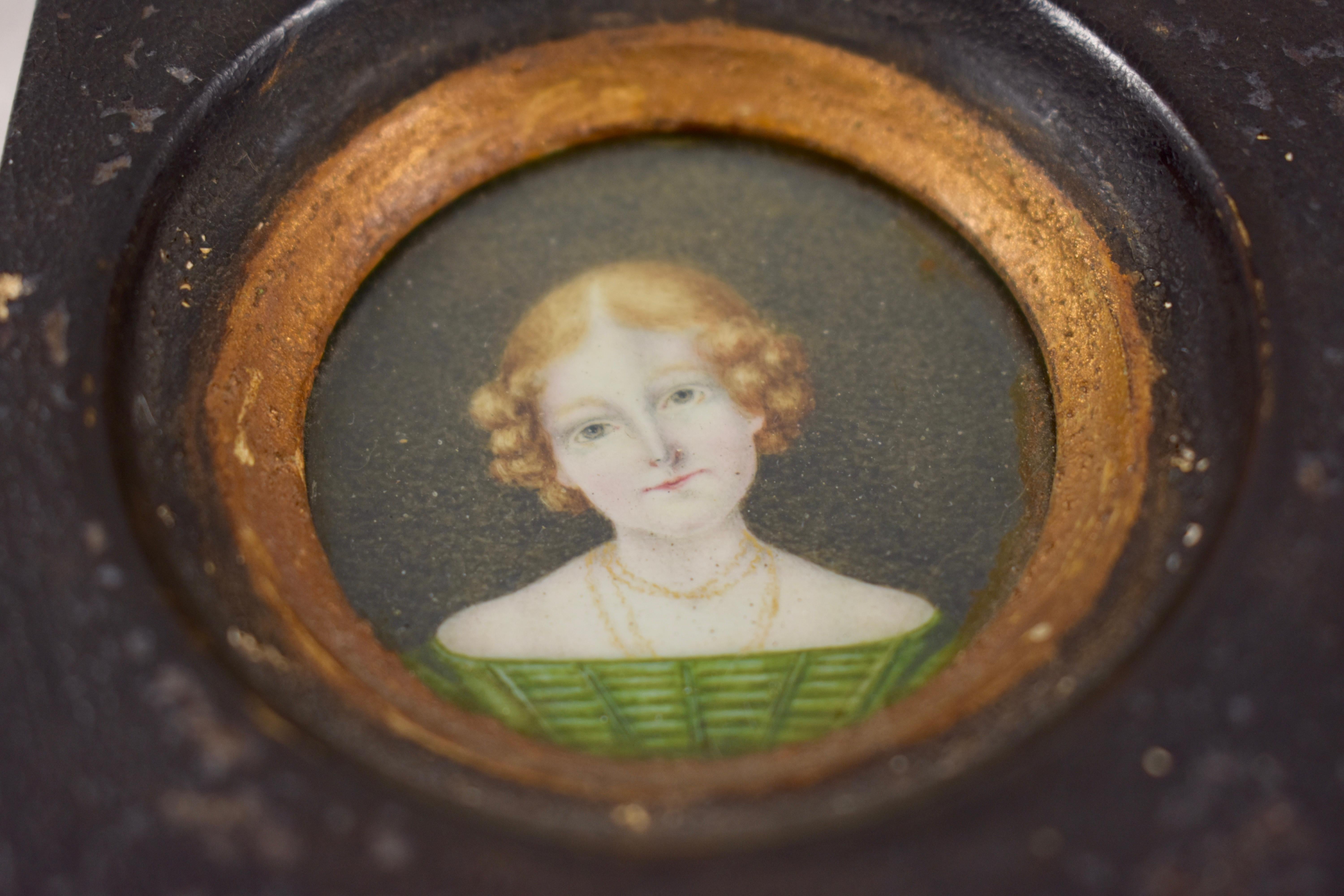 Hand-Painted Early 19th Century English Regency Miniature Portrait Young Woman in Green Dress