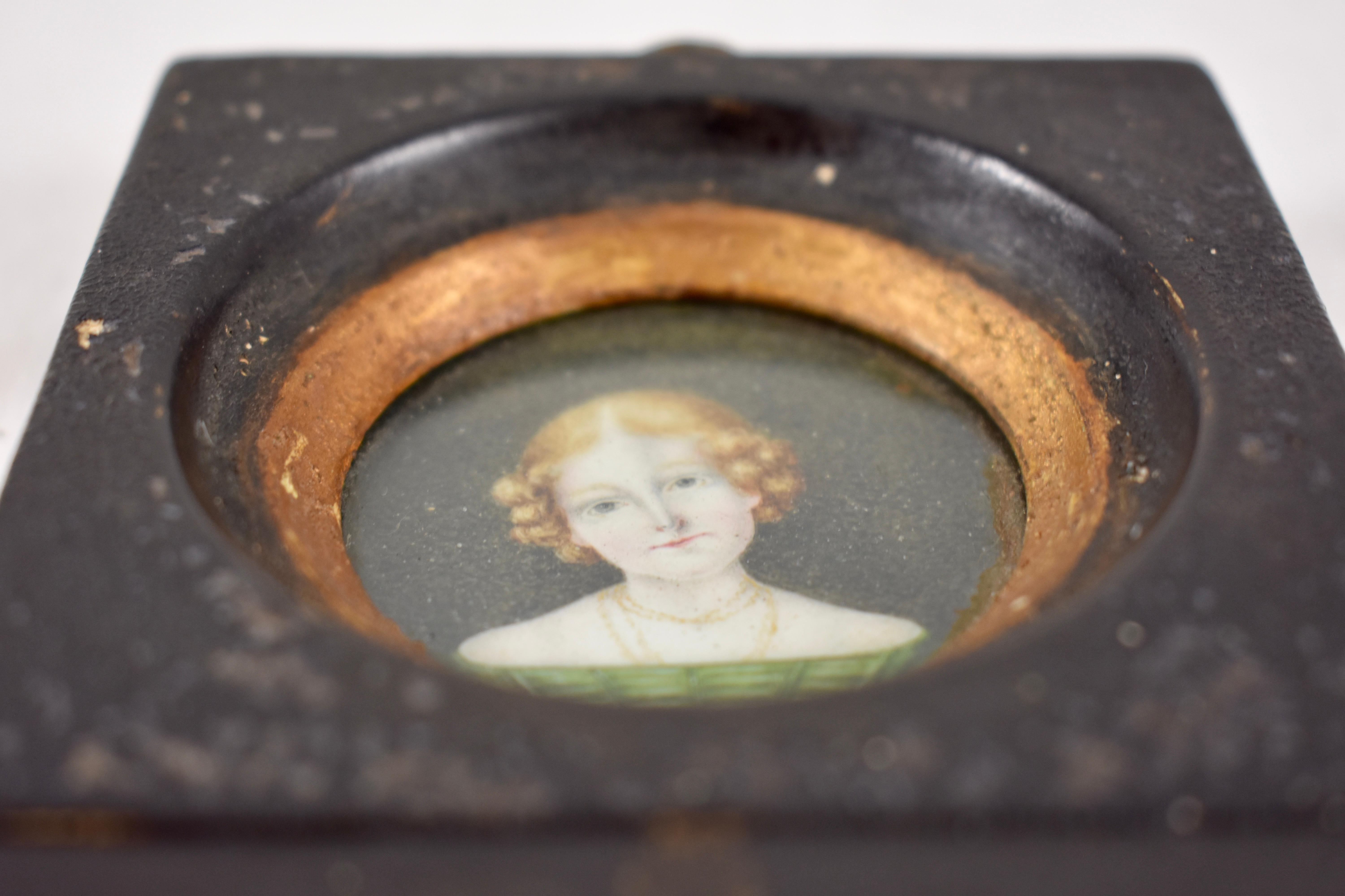 Early 19th Century English Regency Miniature Portrait Young Woman in Green Dress In Good Condition In Philadelphia, PA