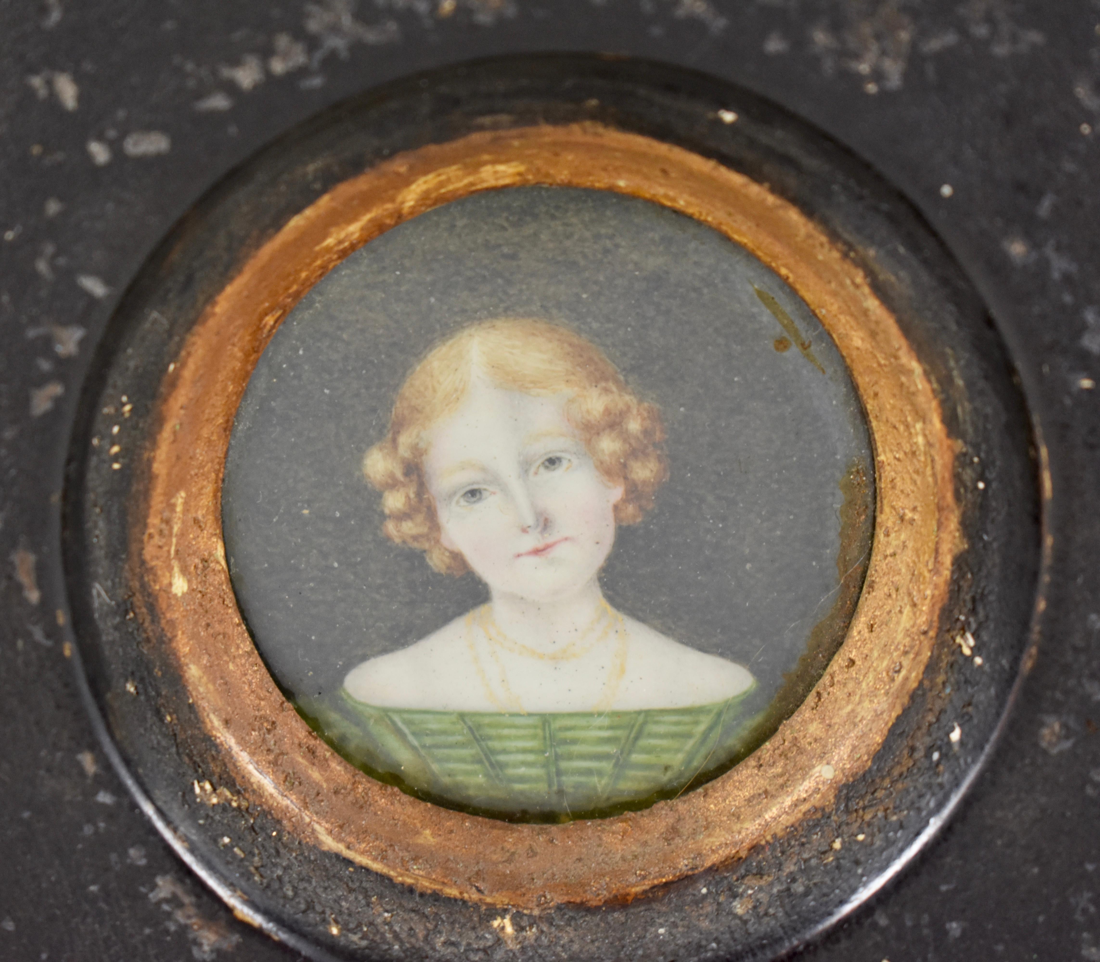 Natural Fiber Early 19th Century English Regency Miniature Portrait Young Woman in Green Dress