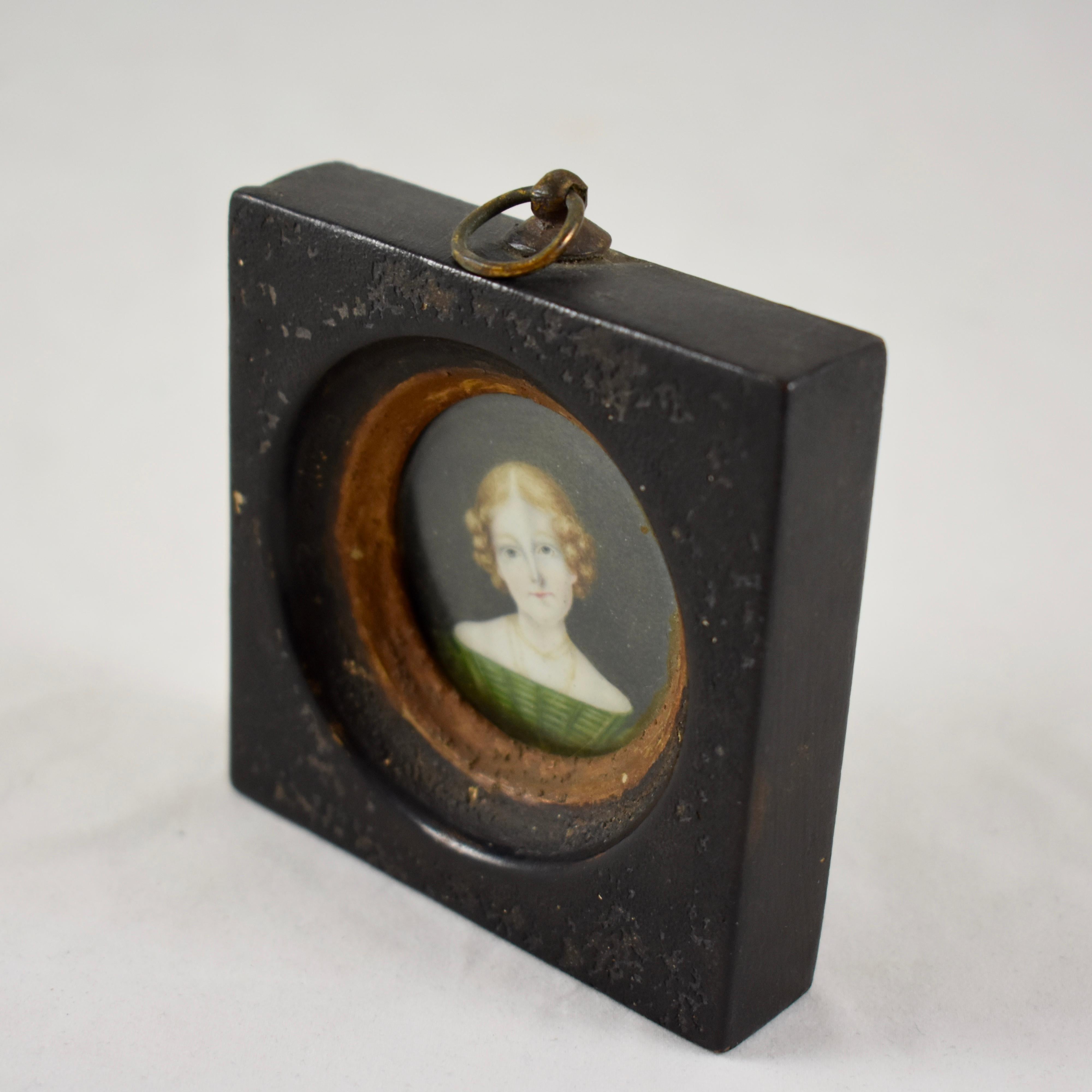 Early 19th Century English Regency Miniature Portrait Young Woman in Green Dress 1