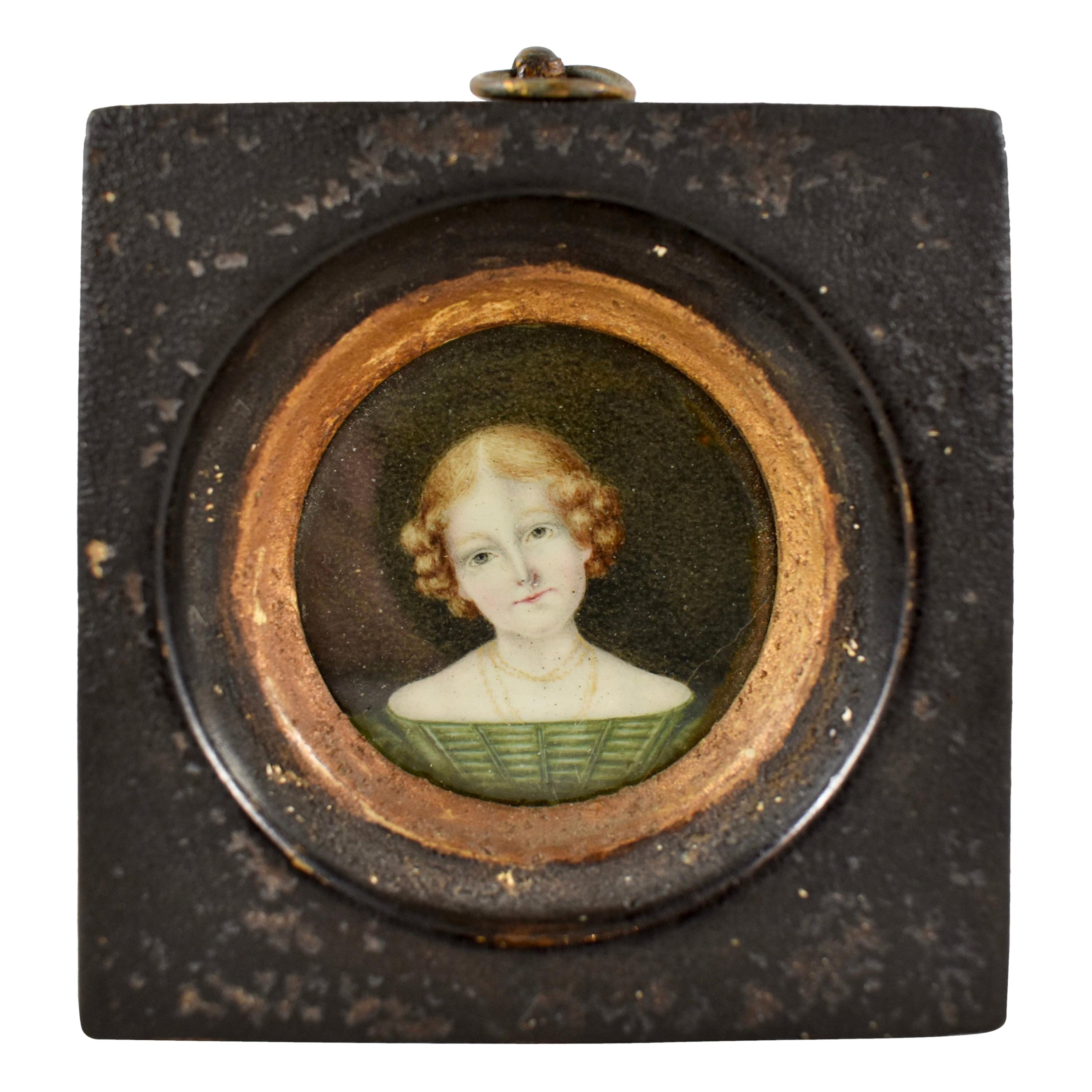 Early 19th Century English Regency Miniature Portrait Young Woman in Green Dress