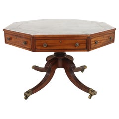 Antique Early 19th Century English Regency Octagonal Drum Table with Tooled Leather Top