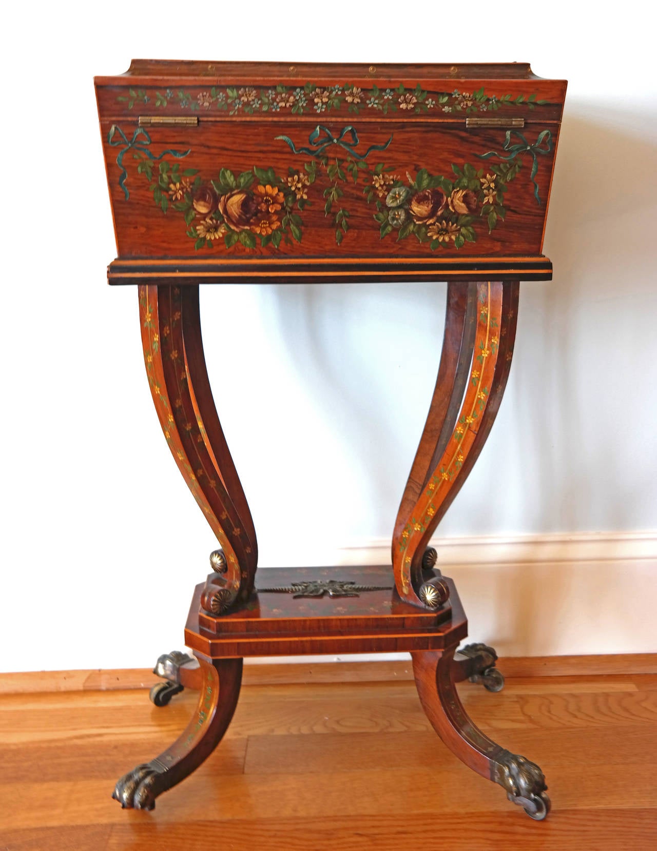 Inlay Early 19th Century English Regency Painted Rosewood Workbox, Circa 1790 For Sale