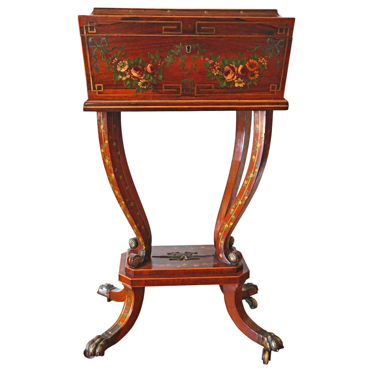 Early 19th Century English Regency Painted Rosewood Workbox, Circa 1790 For Sale