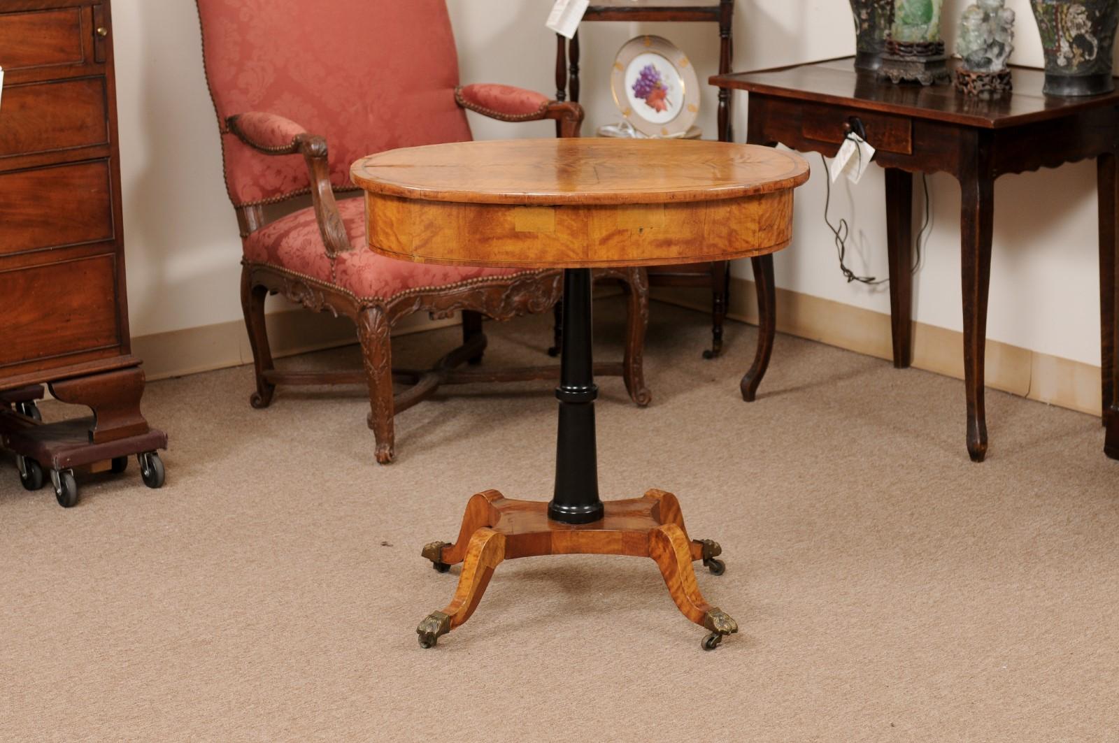Early 19th Century English Regency Satinwood & Ebonized Oval Work Table For Sale 1