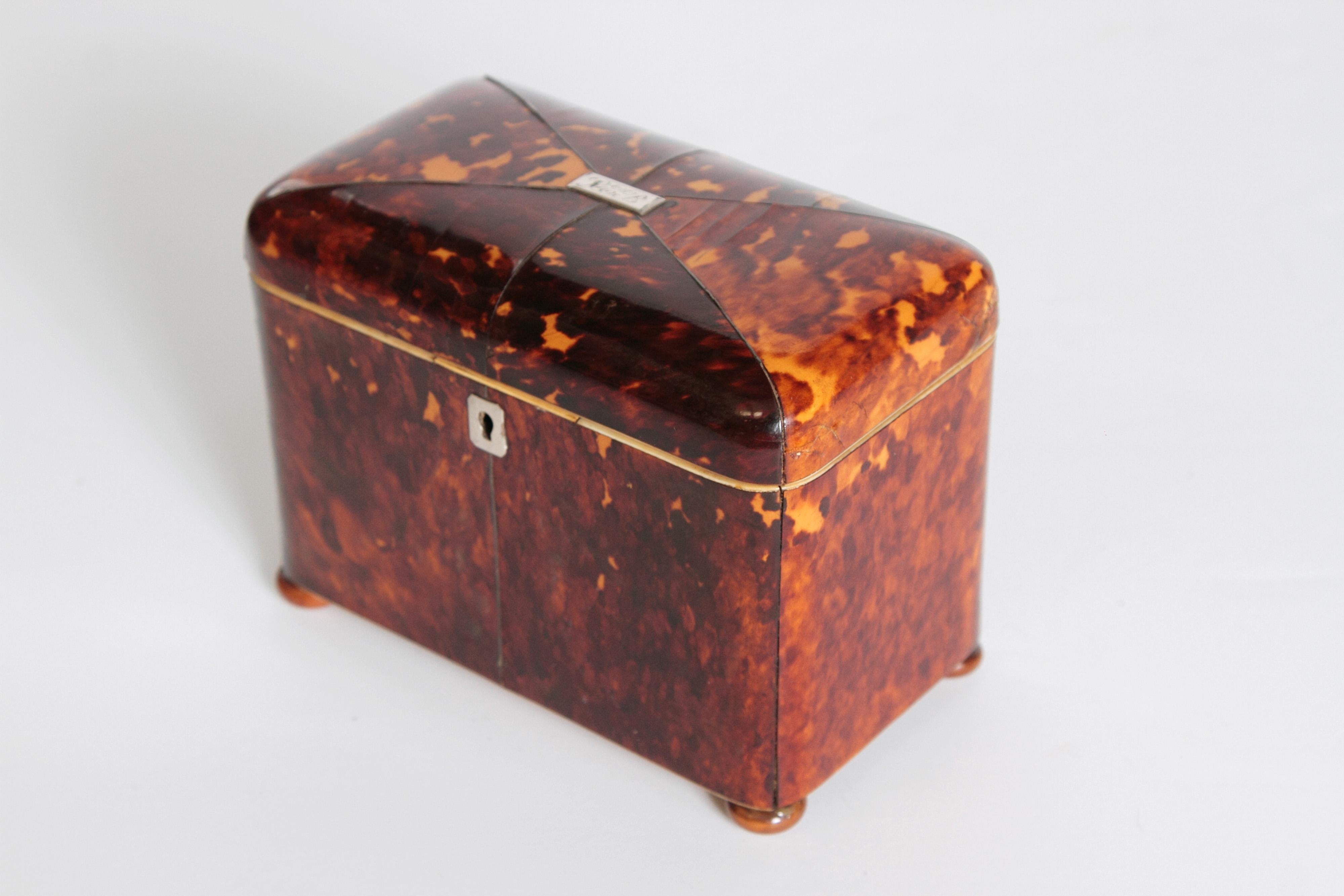 An English tortoiseshell tea caddy. A rectangular shape with rounded corners and a domed lid with silver plaque initialed PEB. Velvet lined interior lid and intact interior lining. Stands on button feet.