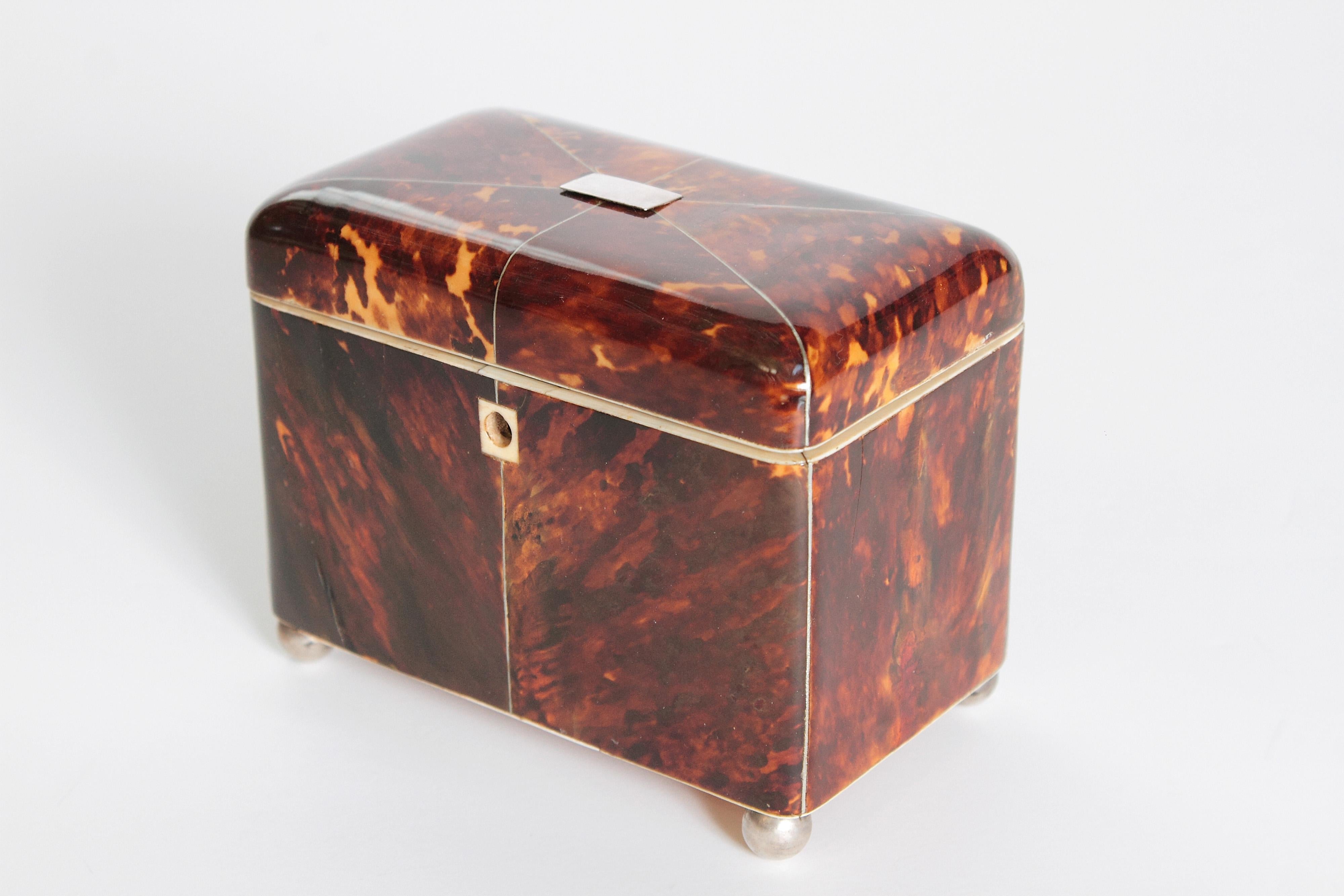 A early 19th century tortoiseshell rectangular tea caddy with a slightly domed lid. There is a pewter or silver central plaque on the lid and bone stringing around the opening. The interior contains two tortoiseshell lids with bone knobs and an