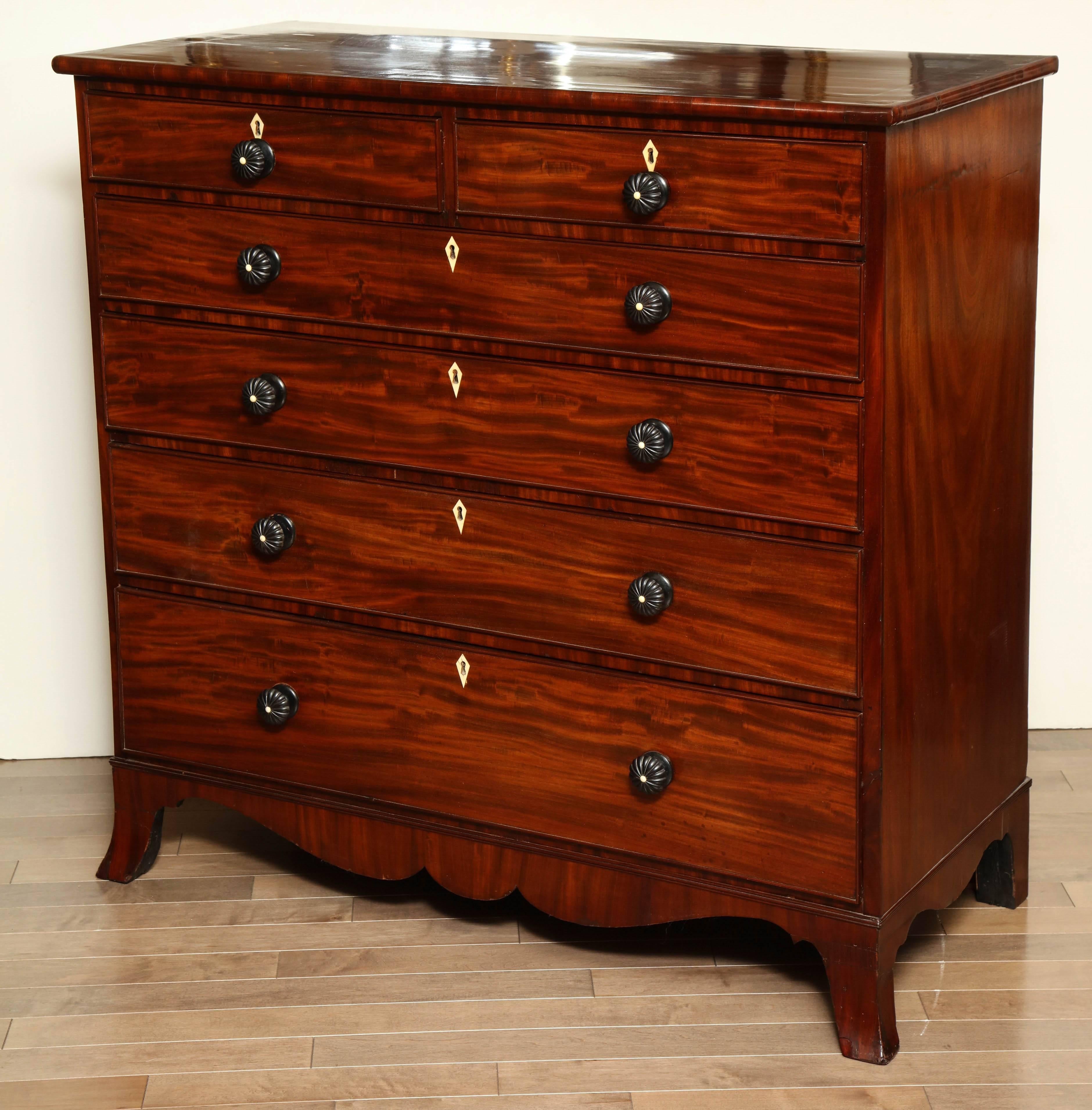 Early 19th century English Regency, mahogany, six drawer chest.