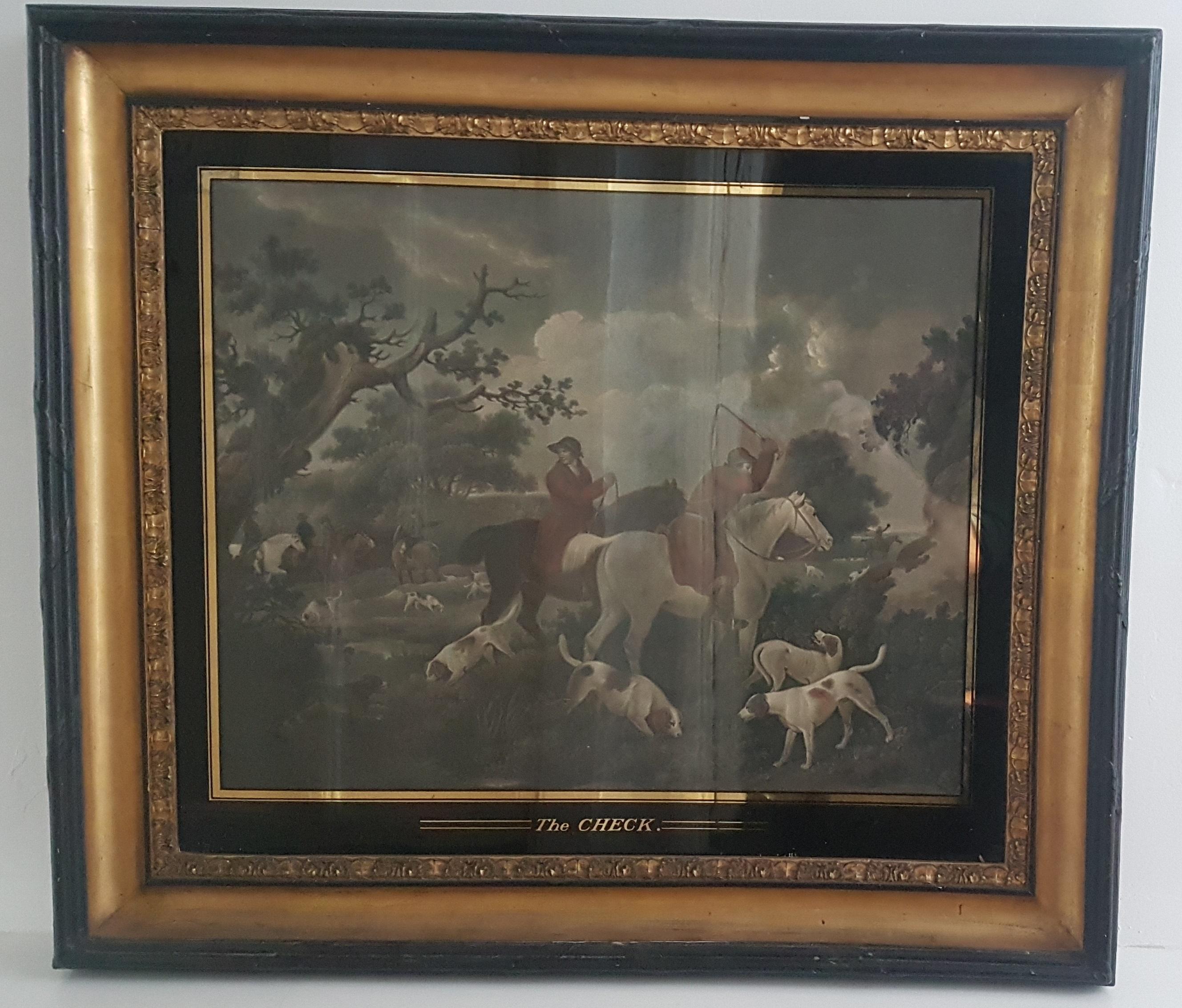 A large early 19th century English School hand colored print of a fox hunting scene titled 'The Check'. The hand colored print is in fair condition and is in what appears to be the original frame that is gilt and ebonized with the églomisé glass