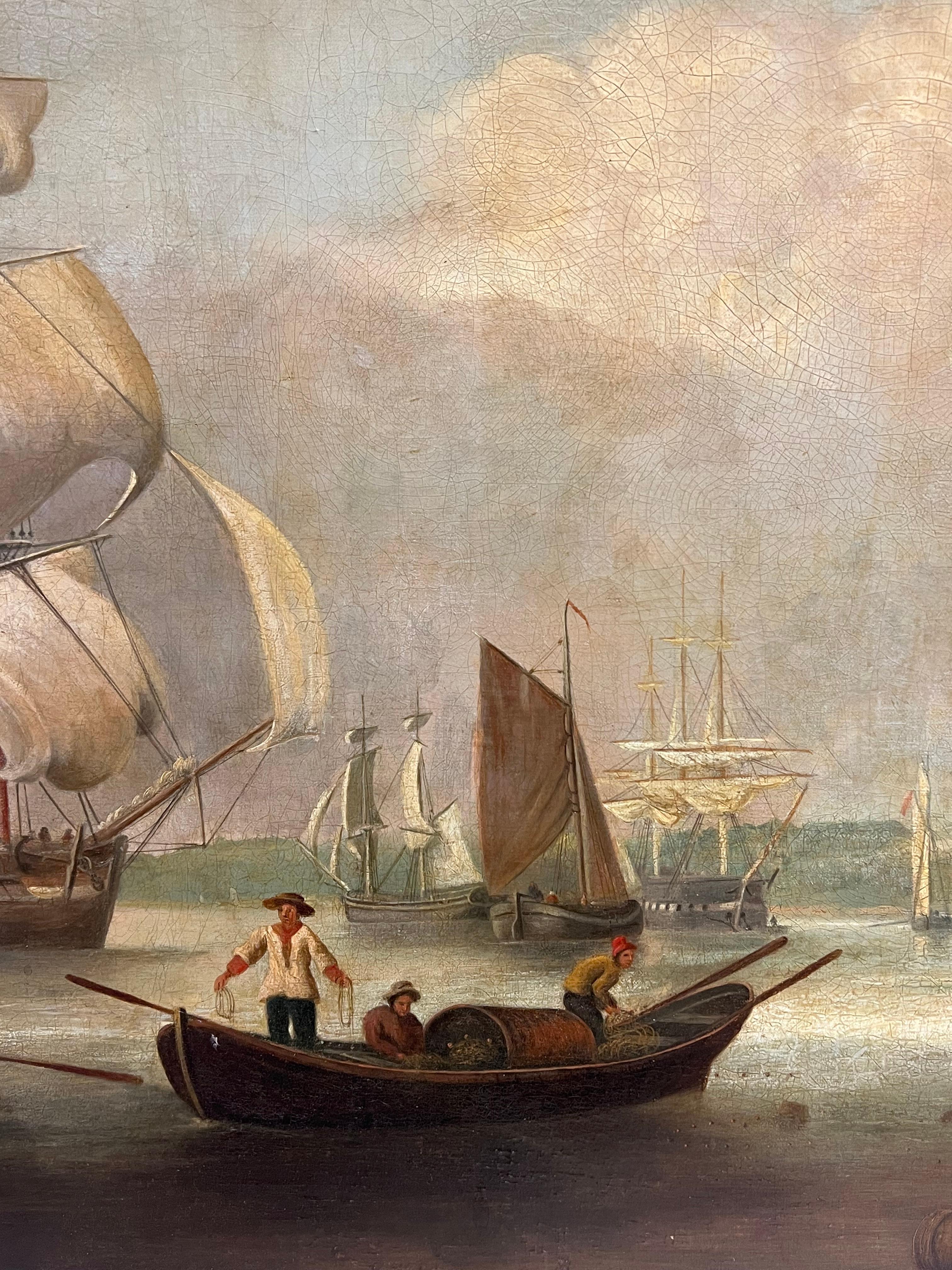 Huge 1800's English Marine Ölgemälde Busy Shipping Maritime River Estuary im Angebot 5