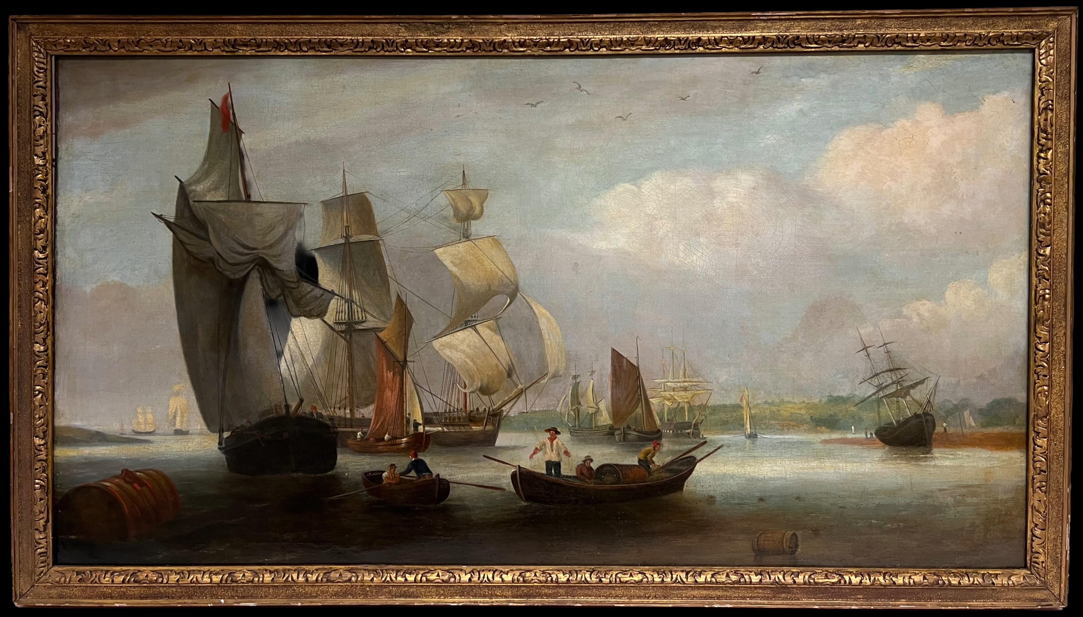 Huge 1800's English Marine Oil Painting Busy Shipping Maritime River Estuary