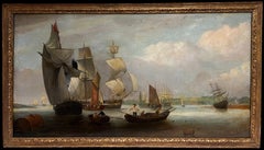 Enorme dipinto a olio marino del 1800 inglese, con un'intensa attività di navigazione Marin River Estuary