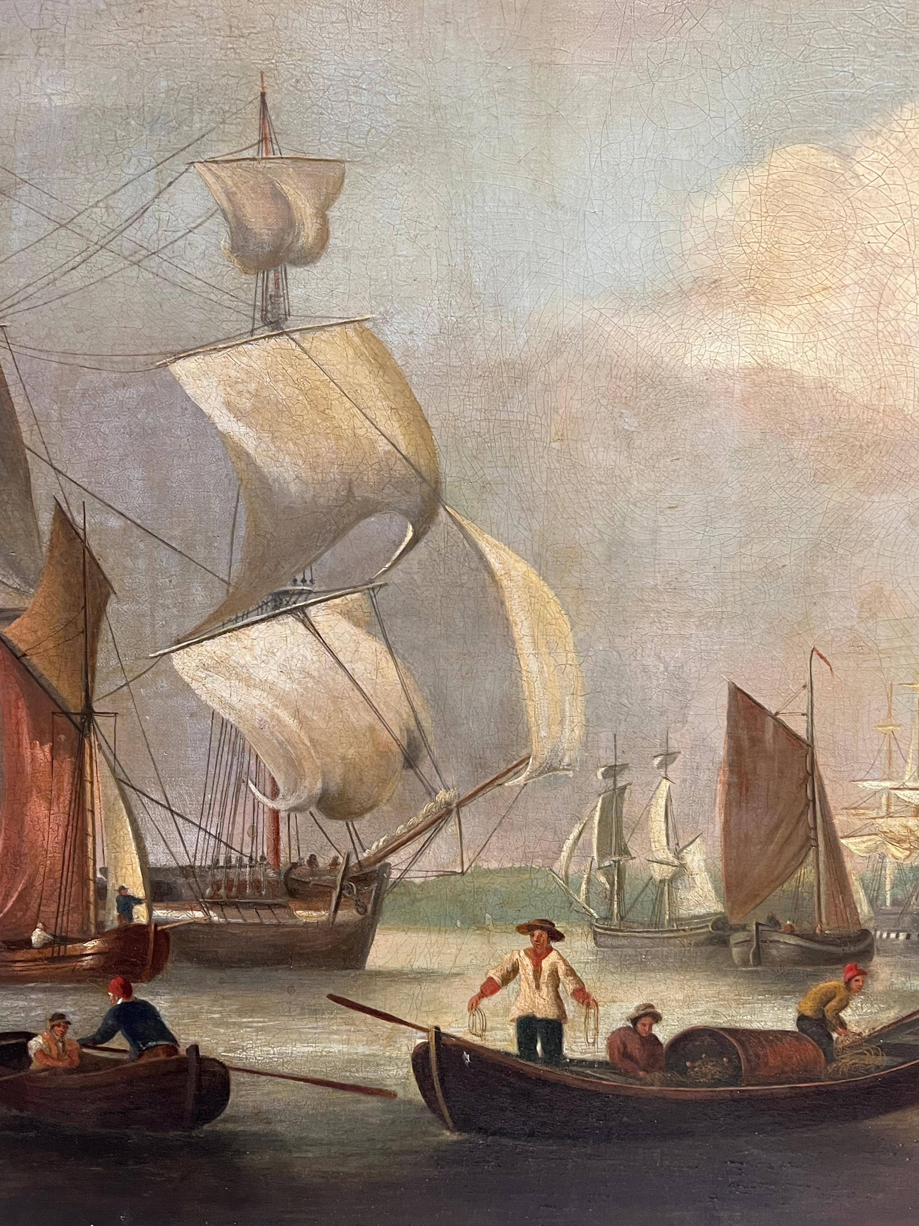 Huge 1800's English Marine Ölgemälde Busy Shipping Maritime River Estuary im Angebot 6