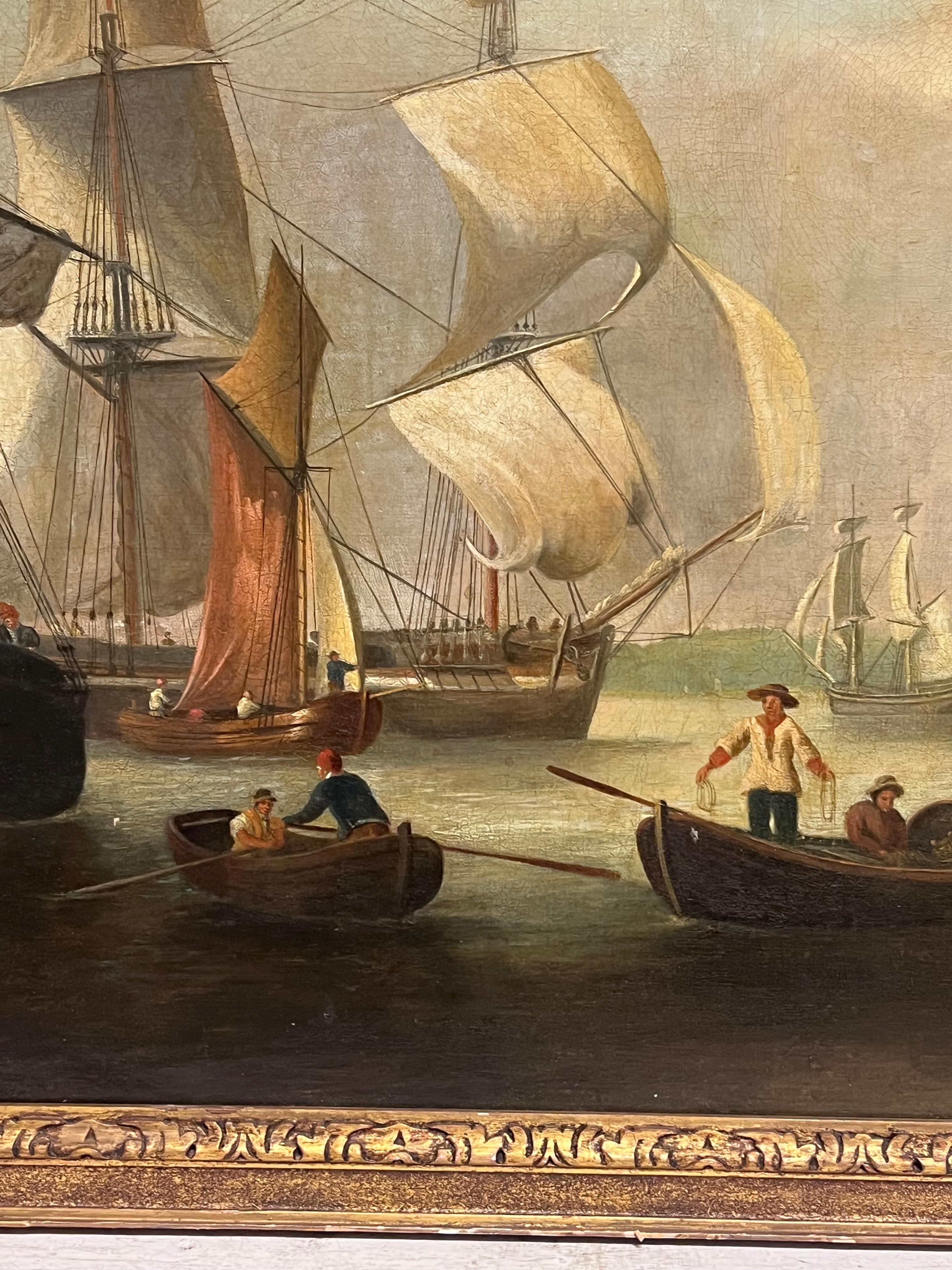 Huge 1800's English Marine Ölgemälde Busy Shipping Maritime River Estuary im Angebot 7