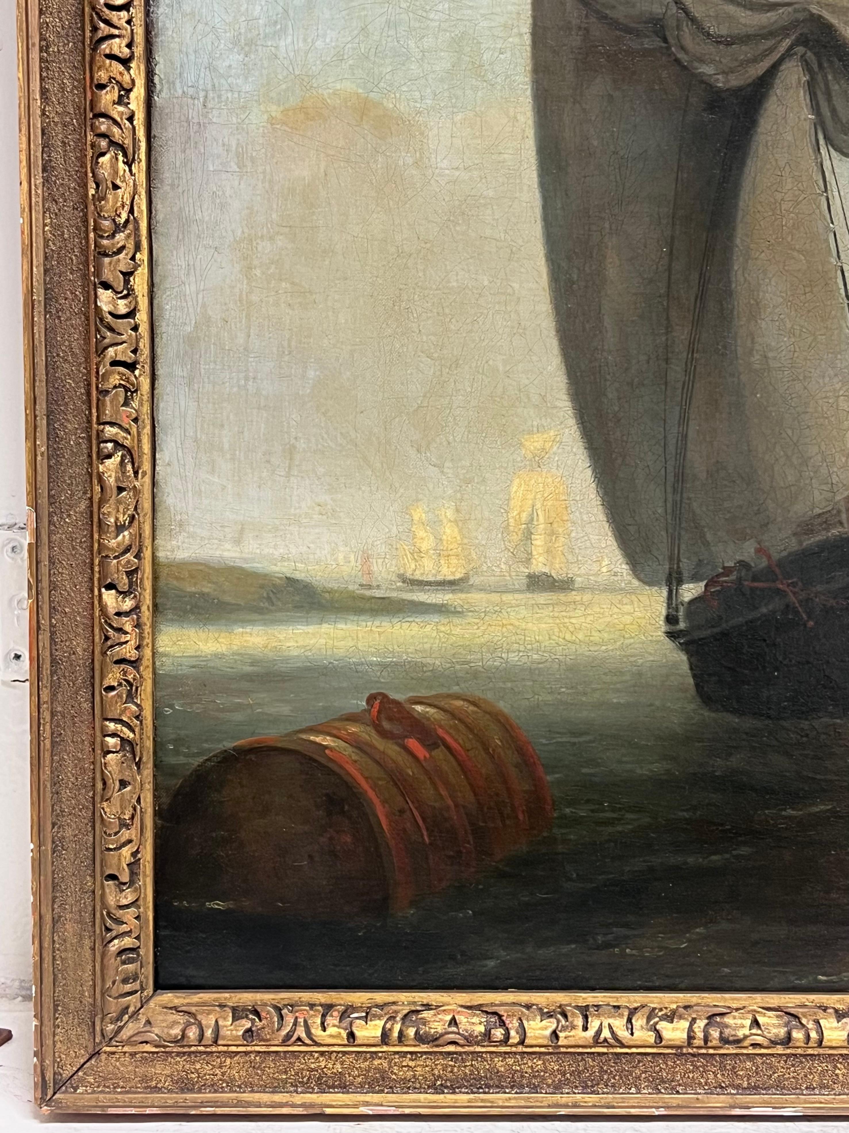Huge 1800's English Marine Ölgemälde Busy Shipping Maritime River Estuary im Angebot 9