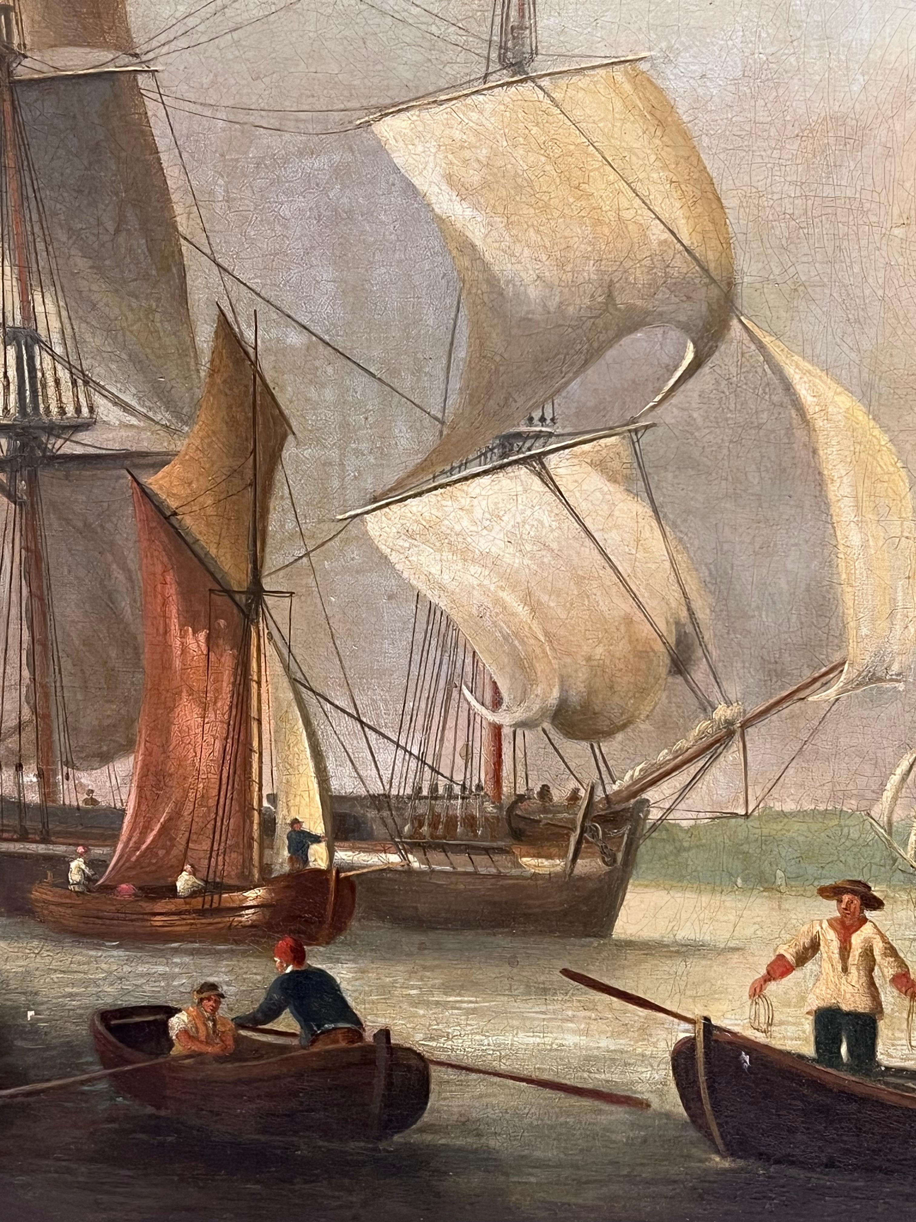 Huge 1800's English Marine Ölgemälde Busy Shipping Maritime River Estuary im Angebot 1