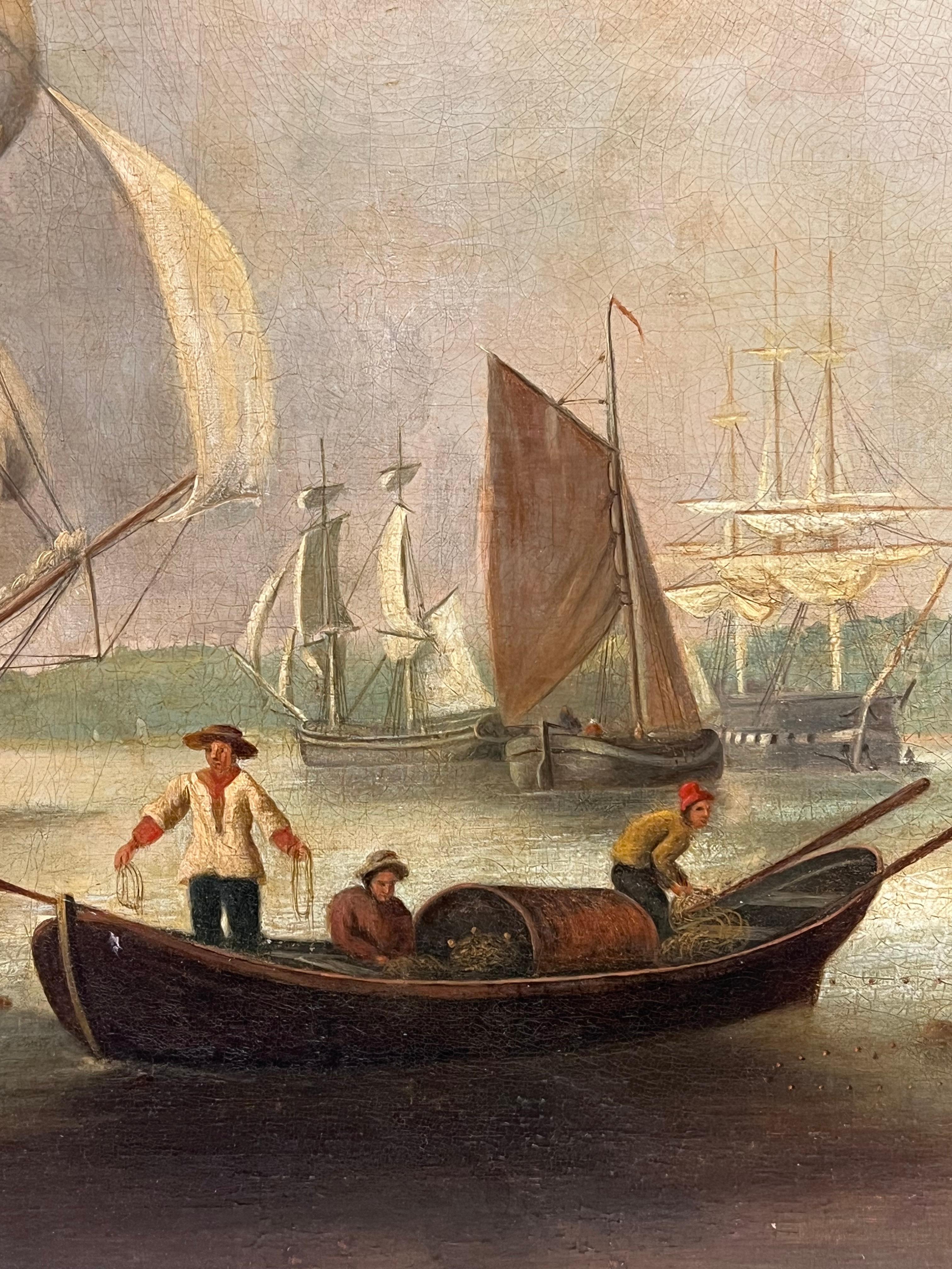 Huge 1800's English Marine Ölgemälde Busy Shipping Maritime River Estuary im Angebot 2