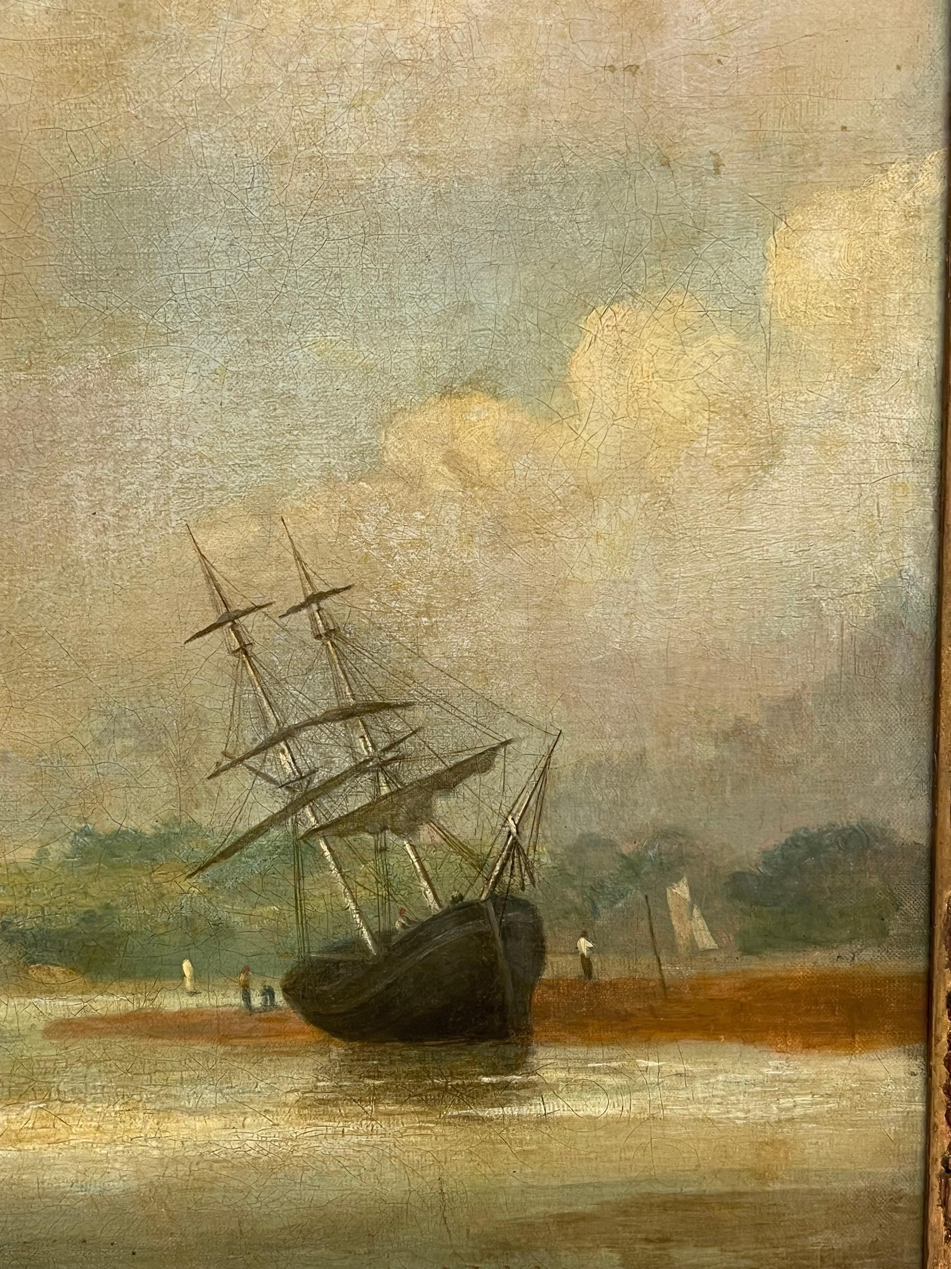 Huge 1800's English Marine Ölgemälde Busy Shipping Maritime River Estuary im Angebot 3