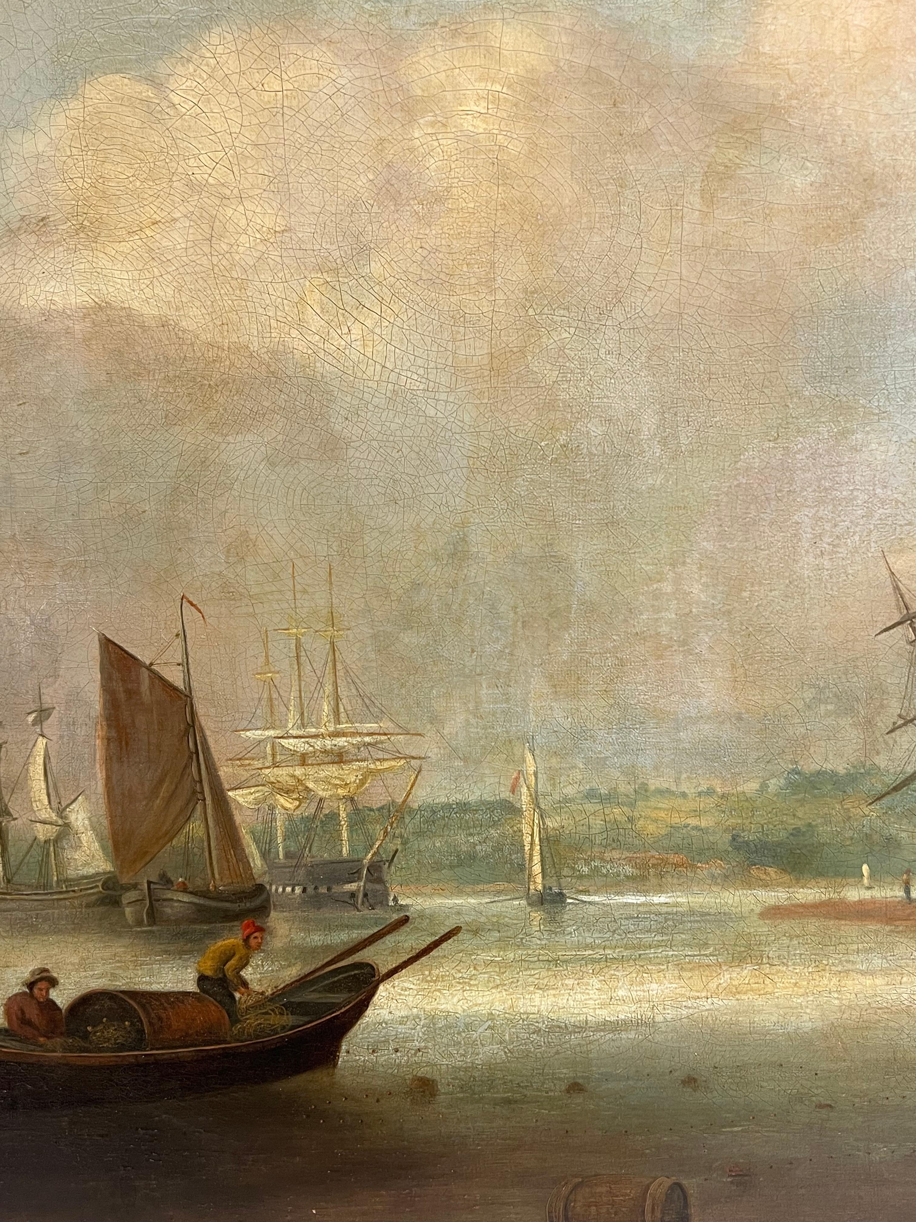 Huge 1800's English Marine Ölgemälde Busy Shipping Maritime River Estuary im Angebot 4