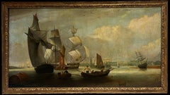 Huge 1800's English Marine Oil Painting Busy Shipping Maritime River Estuary